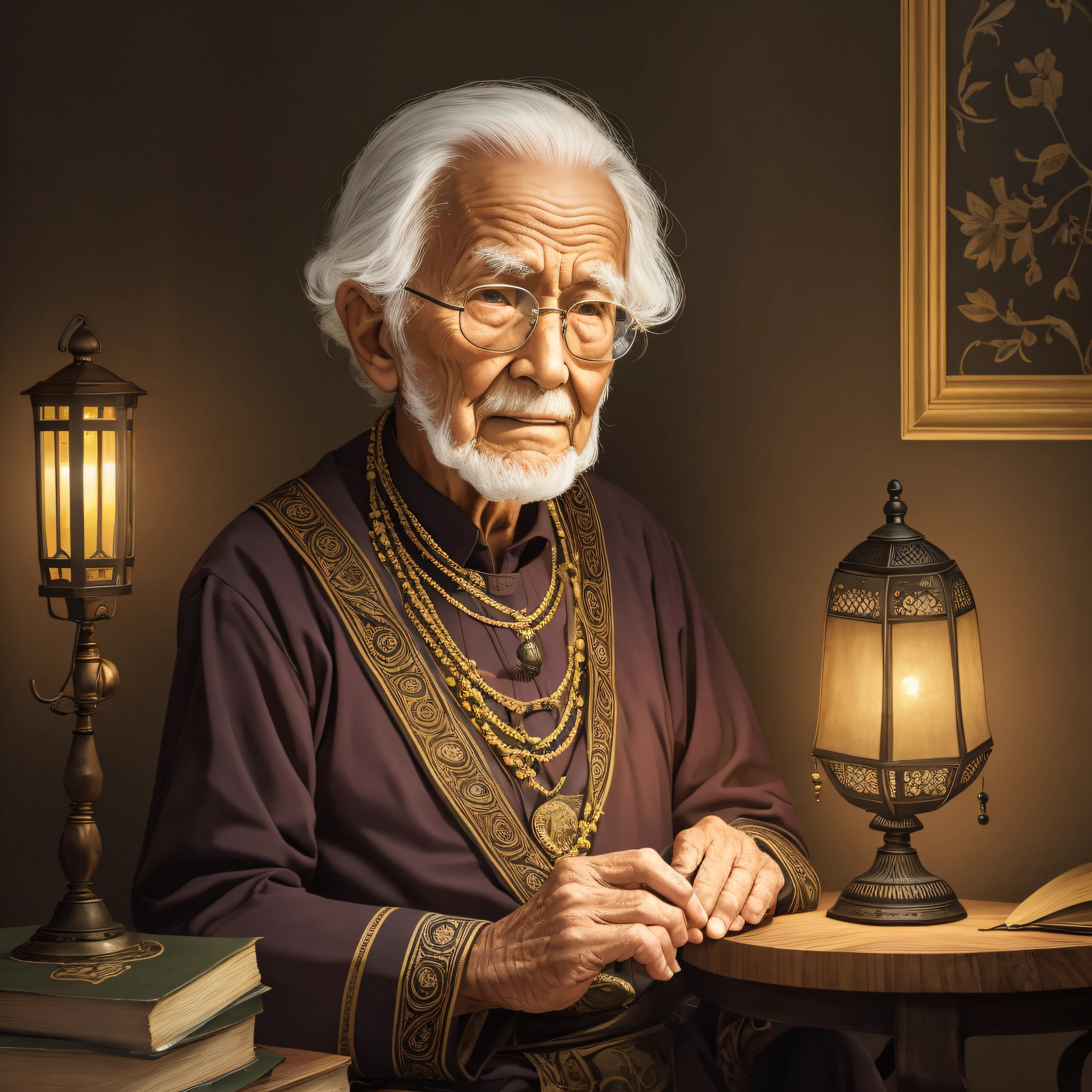 old, old, 82 years old, ancestral wisdom, holding a lamp. Dark background without elements. --auto --s2