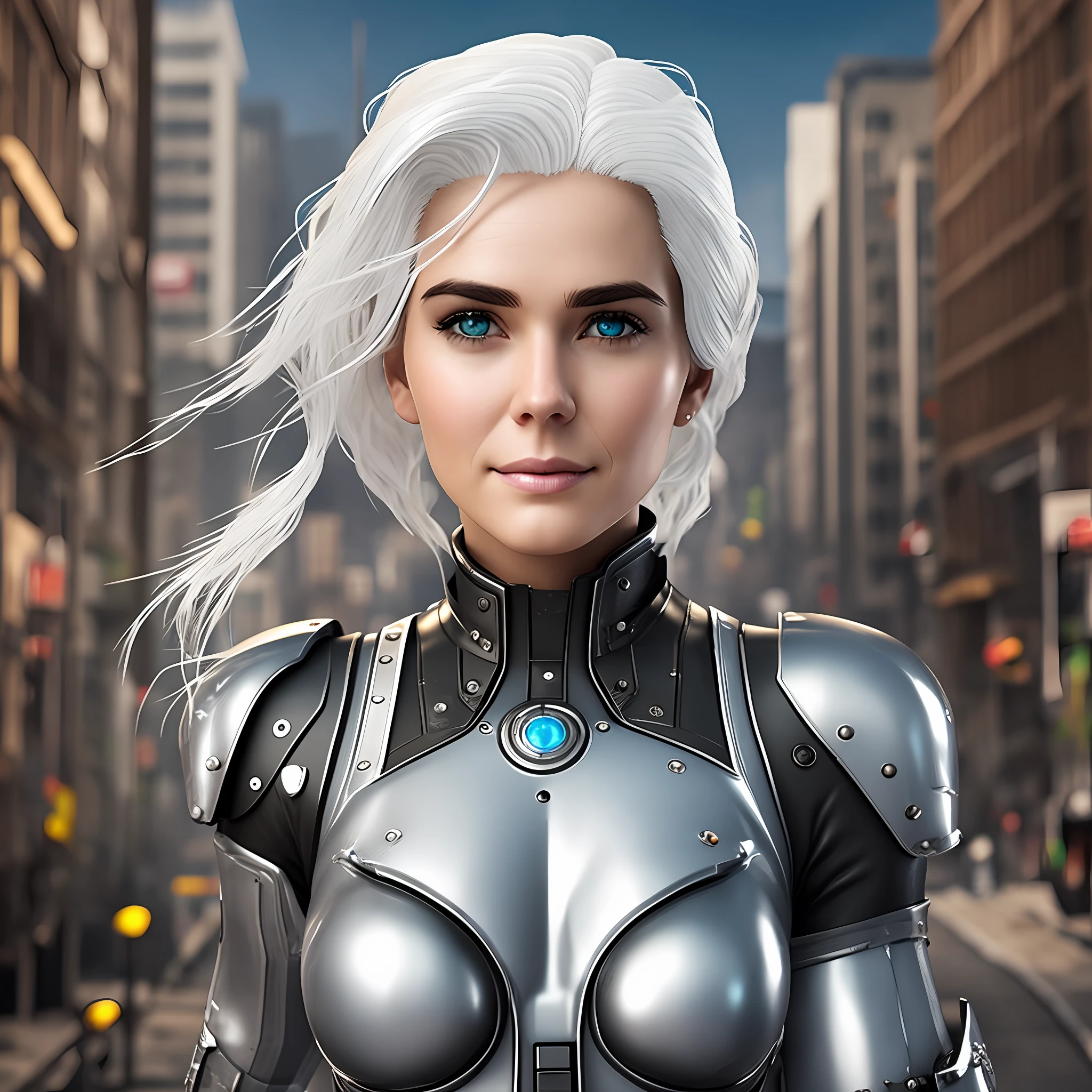 Woman white hair robotics destroyed city Super realistic well detailed
