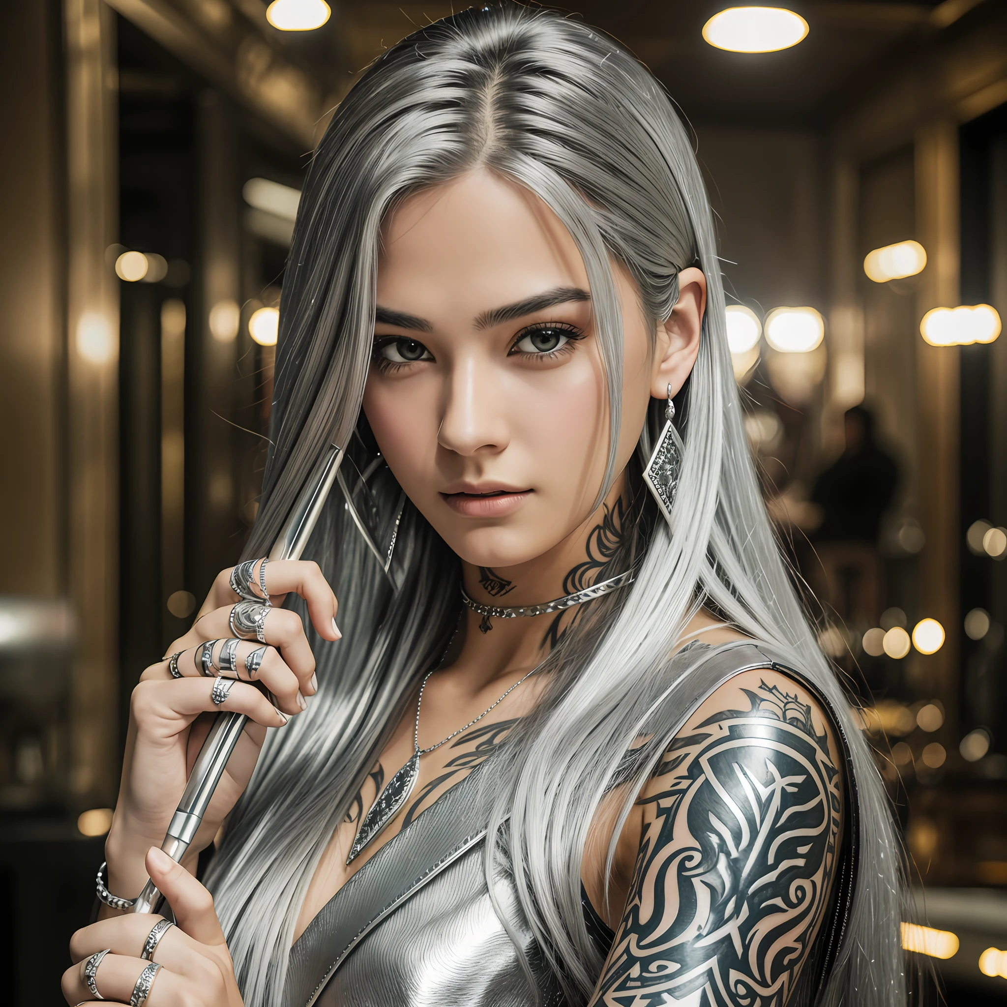 Long silver hair, young face, dark brown eyes, wearing agent clothes, audience perspective, holding a silver dagger with silver earrings, showing tattoos, arms with rings, cinematic quality, 8K, realism --auto --s2