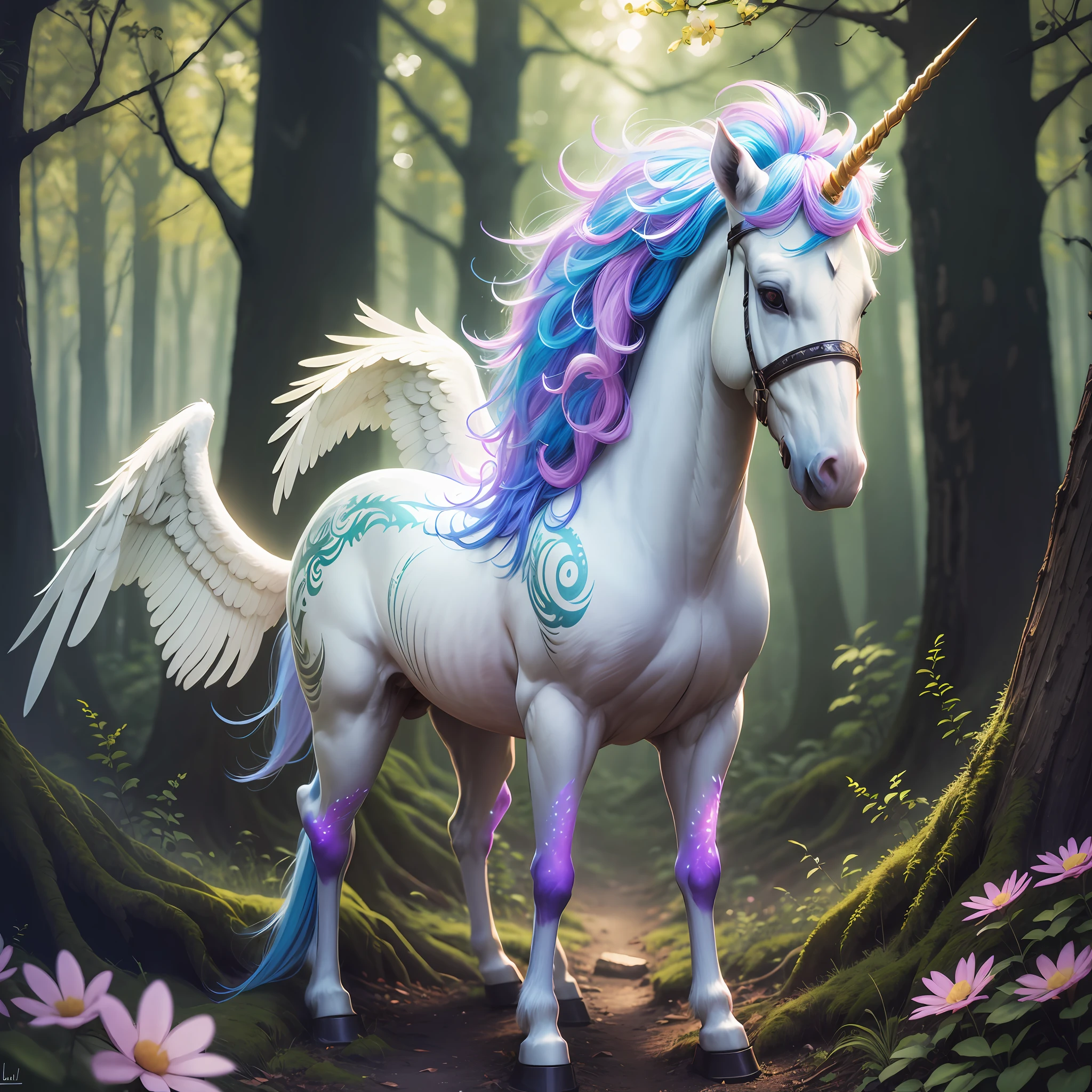 with angel, reassurance, smile, glowing forest, mysterious, spring, light, halo, feathers on the back, joy, lassen, unicorn, light, friendship, light