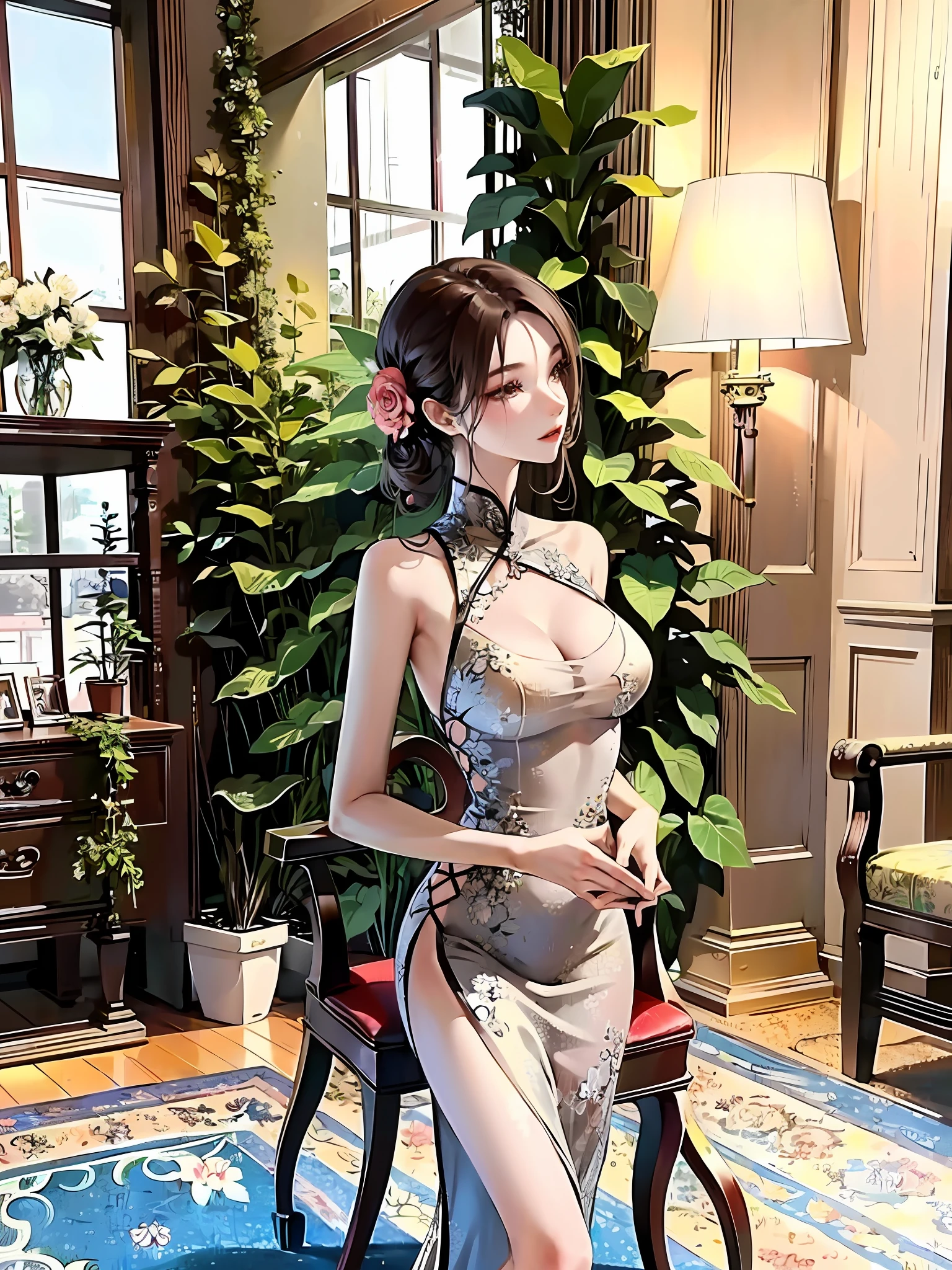 A woman in a floral dress stands next to a tall tree, gorgeous Chinese model, sexy dress with bare shoulders and exposed, wearing an elegant dress, she is about 2 5 years old