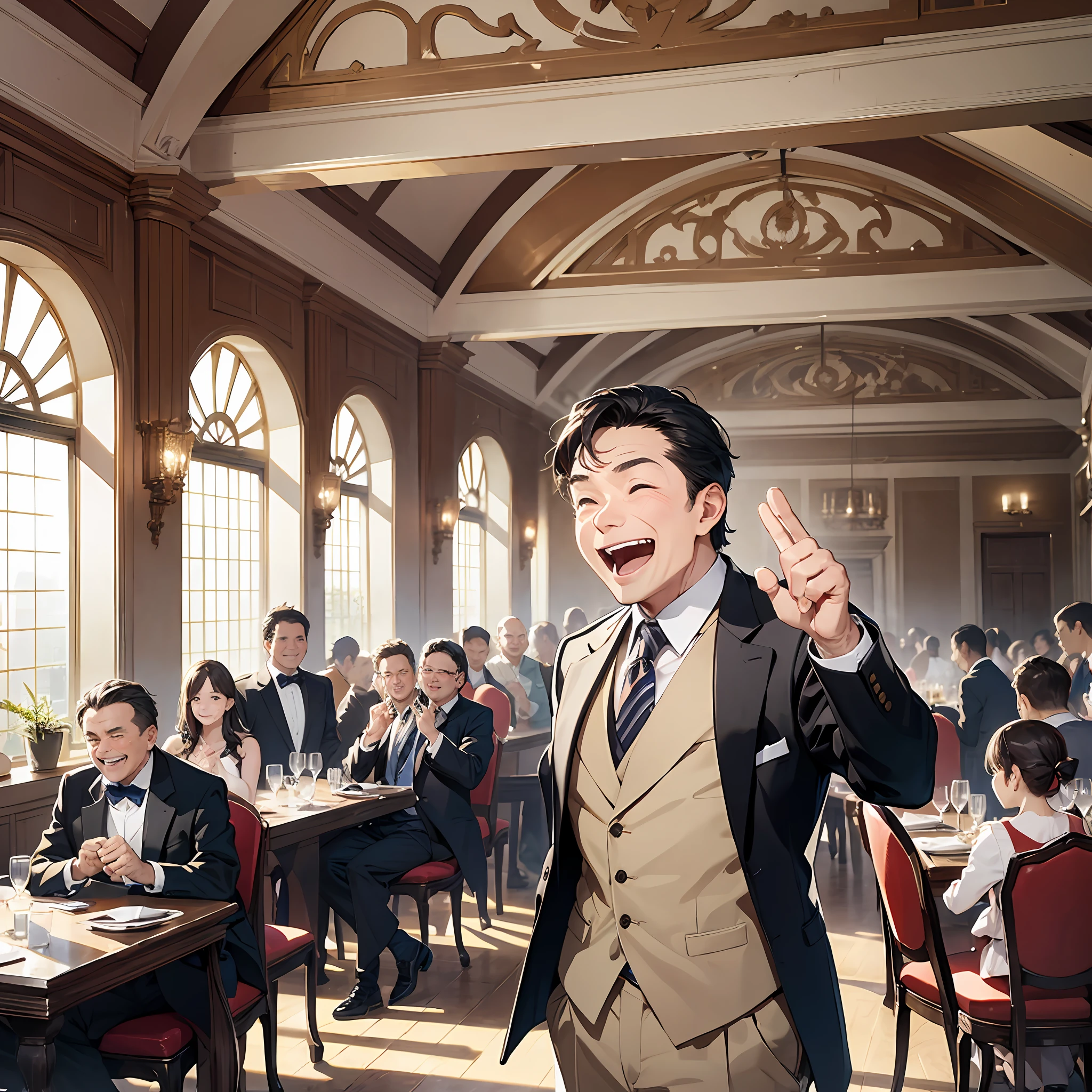 A middle-aged man, clapping, excited, laughing, in the banquet hall