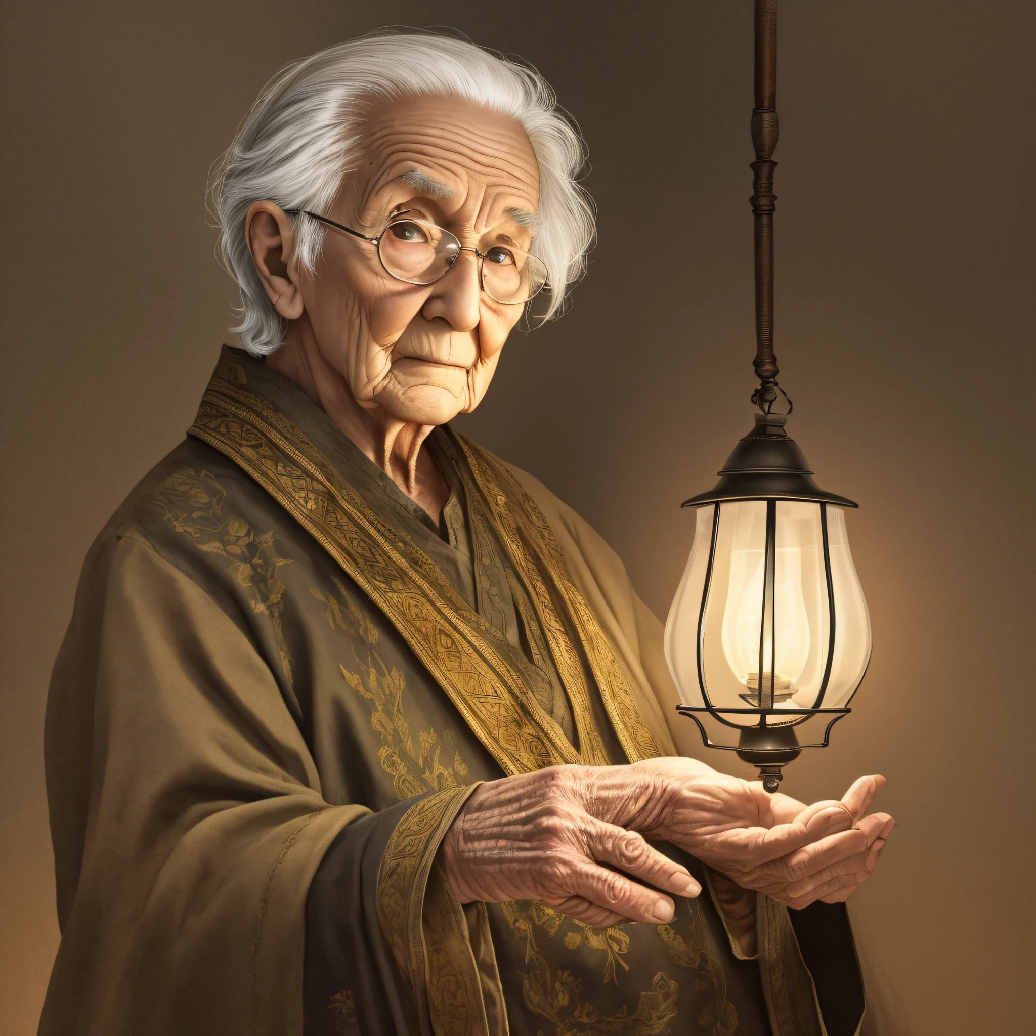 old, old, 82 years old, ancestral wisdom, holding a lamp. Dark background without elements. --auto --s2