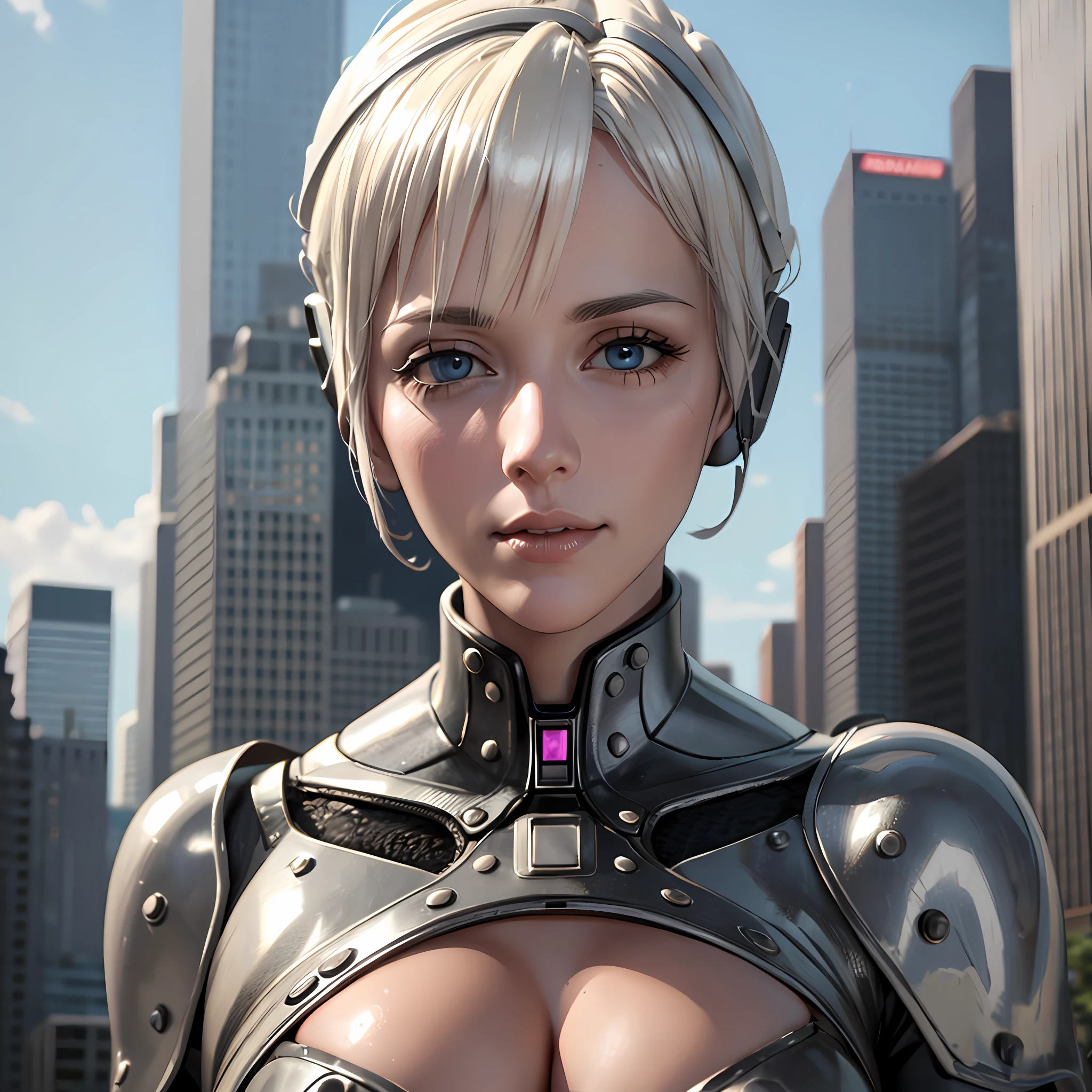 Platinum blonde woman robotic destroyed city Super realistic well detailed
