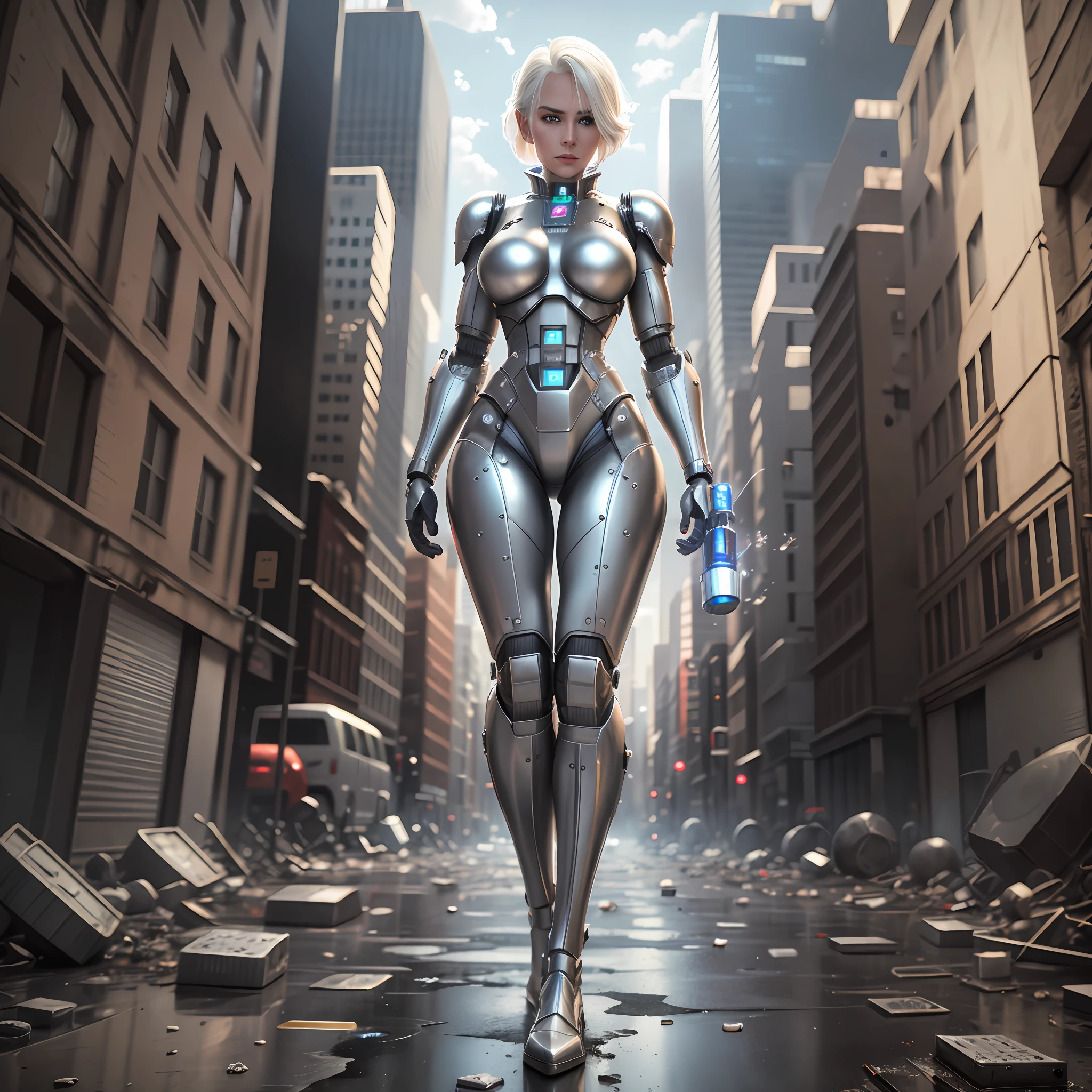 Platinum blonde woman robotic destroyed city Super realistic well detailed