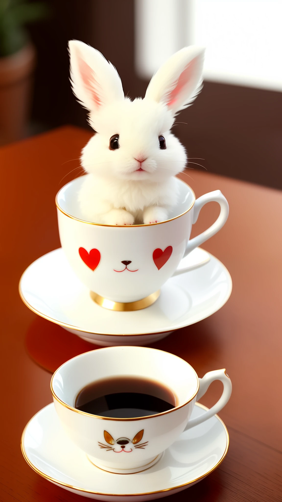 Cute little white rabbit in teacup, red eyes, 8k, delicate, clear, (real)), paws sticking out teacup, red rabbit lips, ((cute)), (small)), professional photographer, professional photography, ((fluffy fur))), antique teacup, (face sticking out of teacup), coffee shop, indoor, sunlight, light leakage, photogenic reality