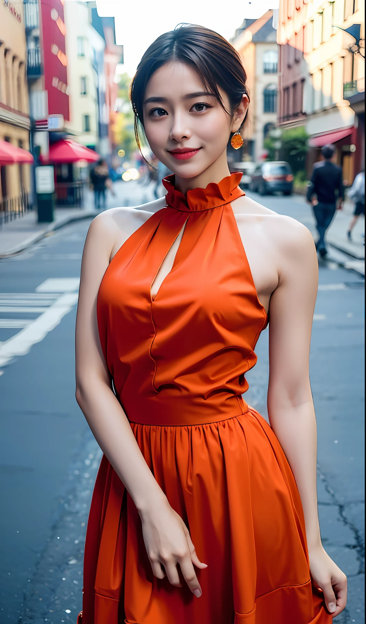 (Masterpiece: 1.5), Woman posing on European street corner in bright orange dress, 1 woman in top quality, high resolution, 8k, outstanding style, slender figure, smiling, fine hair, hair fluttering in the wind, (flat chest: 1.2), daytime, bright, outdoor, (street: 0.3), (people, crowd: 1), (lace: 1.8, trimmed dress: 1.5, light orange clothingA: 1.5, Orange High Neck Dress: 1.5, One Shoulder Dress: 1.2, Sleeveless Dress: 1.2, Orange Dress: 1.5), Gorgeous, Large Bracelet, (Short Hair), Beautiful Detailed Sky, Beautiful Earrings, (Dynamic Pose: 0.8), (Full Body: 1.2), Soft Lighting, Wind, Lustrous Skin, (Camera Gaze: 1.5), ( Photorealistic Photos:1.5), Natural Light, (High Detail Skin:1.2), 8K UHD, DSLR, High Quality, High Resolution, 4K, 8K,