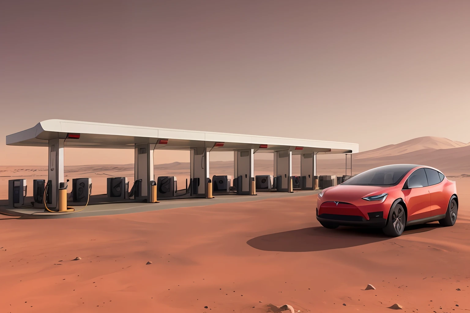 mars station:1.5, gas station at the mars surface, some tesla electric cars at the gas station, ((mars surface)), red planet, desert, red dust