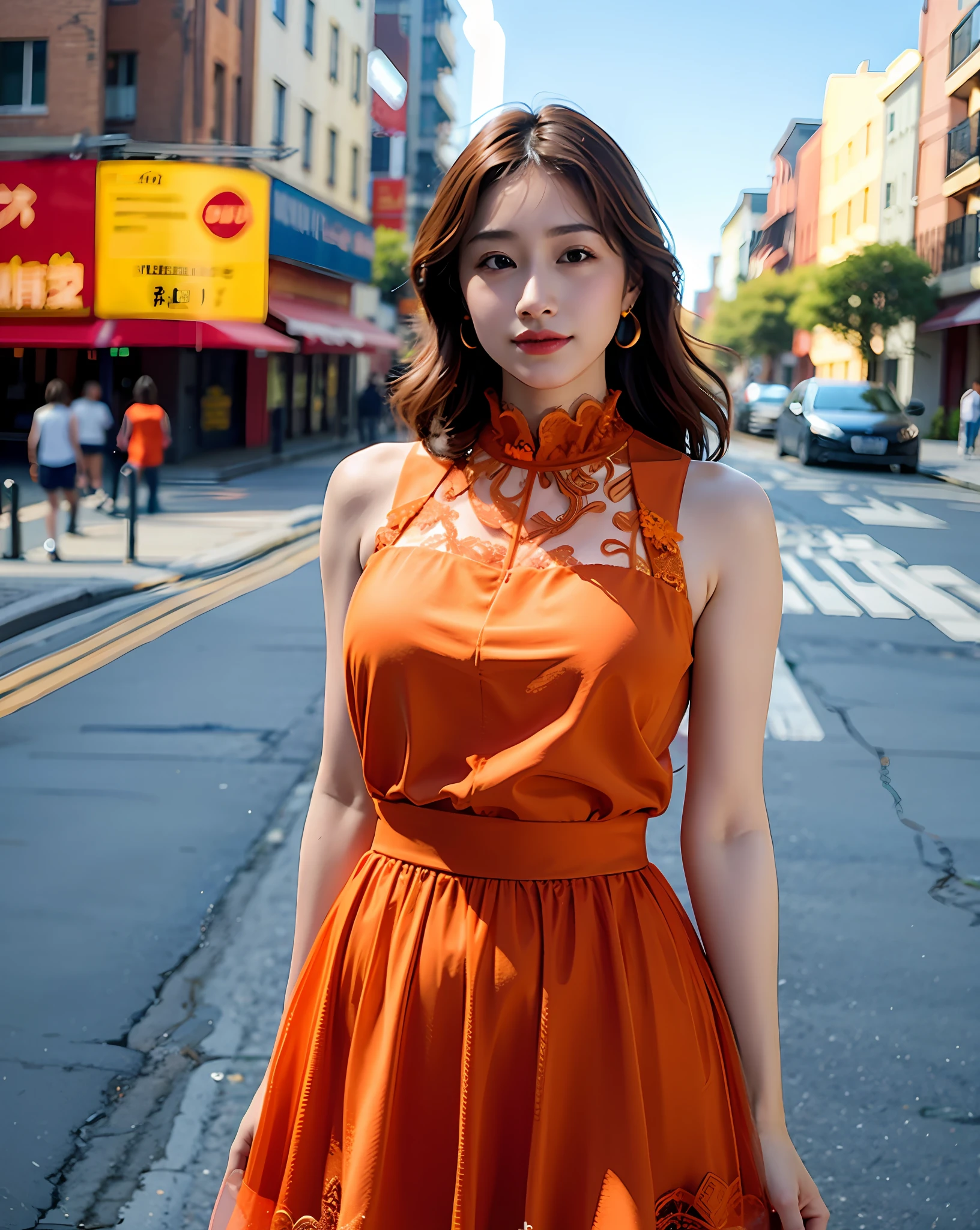 a woman posing on the street corner with light orange dress on, best quality, high res, 8k, 1girl, (huge breasts), day, bright, outdoor, (street:0.8), (people, crowds:1), (lace-trimmed dress:1.5, light orange clothes:1.5, orange high-neck dress:1.5, sleeveless dress, orange dress: 1.5), gorgeous, (medium hair), beautiful detailed sky, beautiful earrings, (dynamic pose:0.8), (upper body:1.2), soft lighting, wind, shiny skin, looking at viewer,