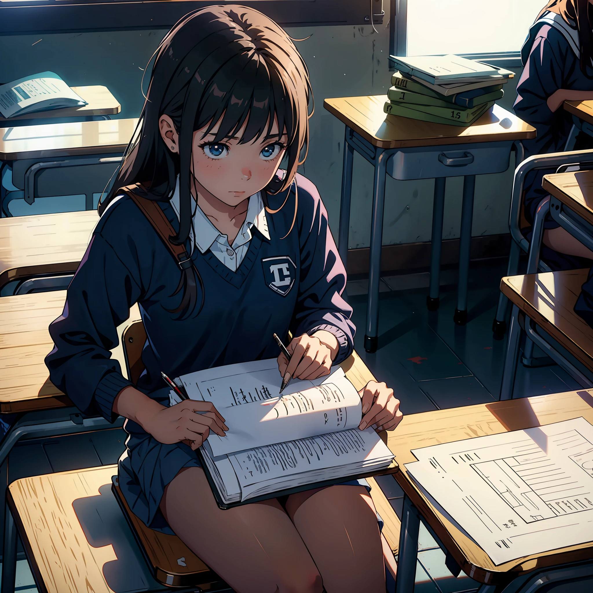 A girl sits in a classroom with writing on her lap