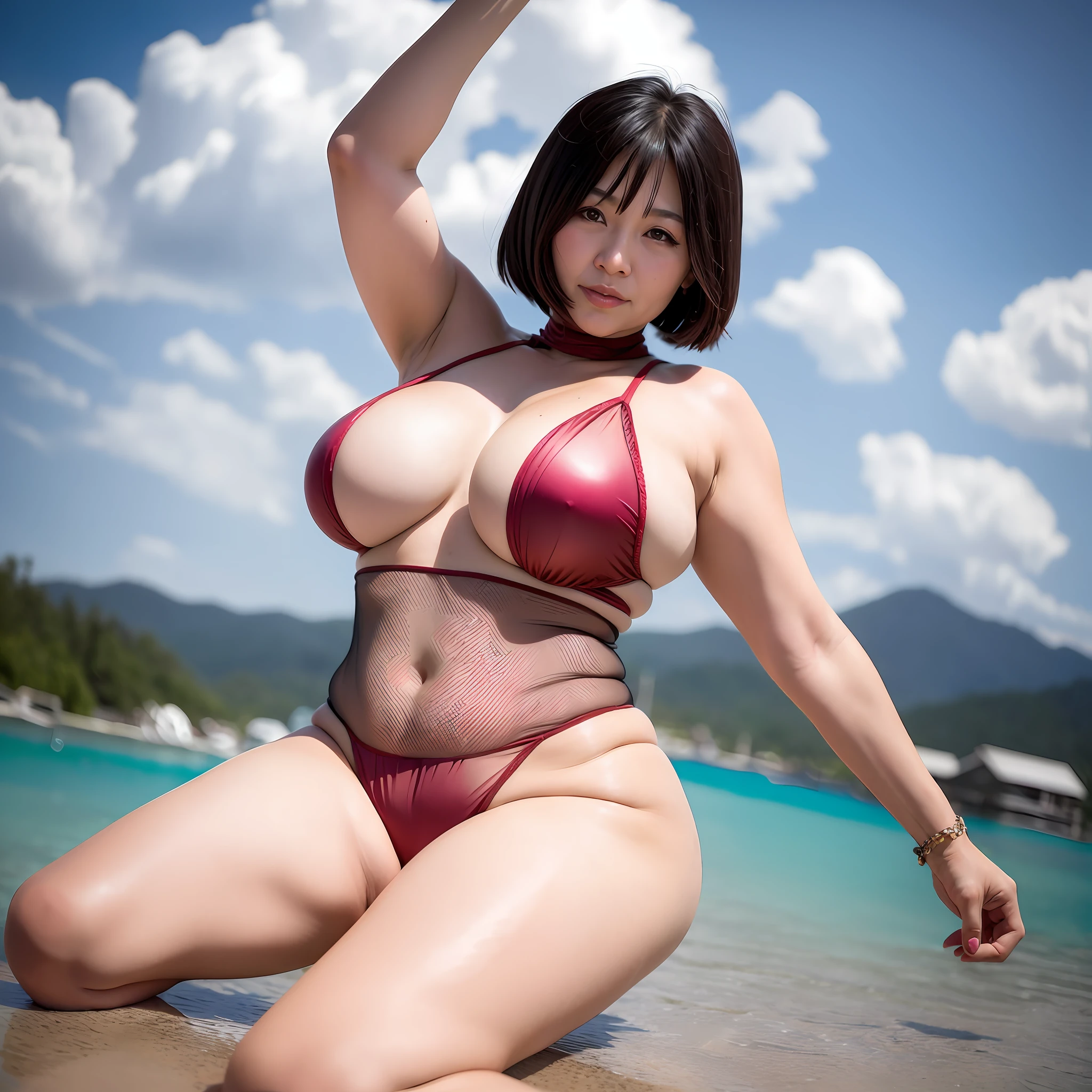 60 year old Japan woman, big, meaty, sheer clothes, floating, beautiful skin