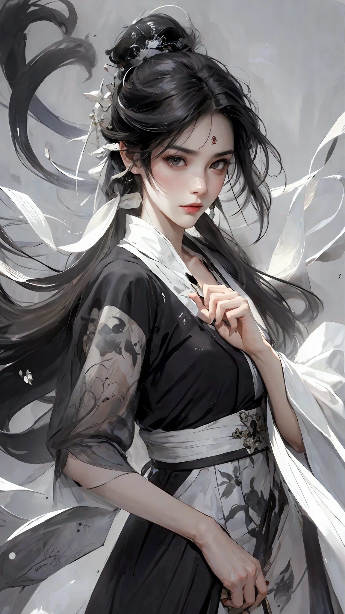 A bust of a woman with black hair and black eyes, a person, alone, (black and white ink blending) woman, serious expression, holding a weapon, attack action, dynamic composition, low head, Hanfu, white clothes, cold eyes, loose hair, (ink smudge) beautiful character painting, clothing black and white ink style, face delicate color, watercolor, light color, martial arts style, national style, delicate and beautiful face, waist seal, sharp eyes