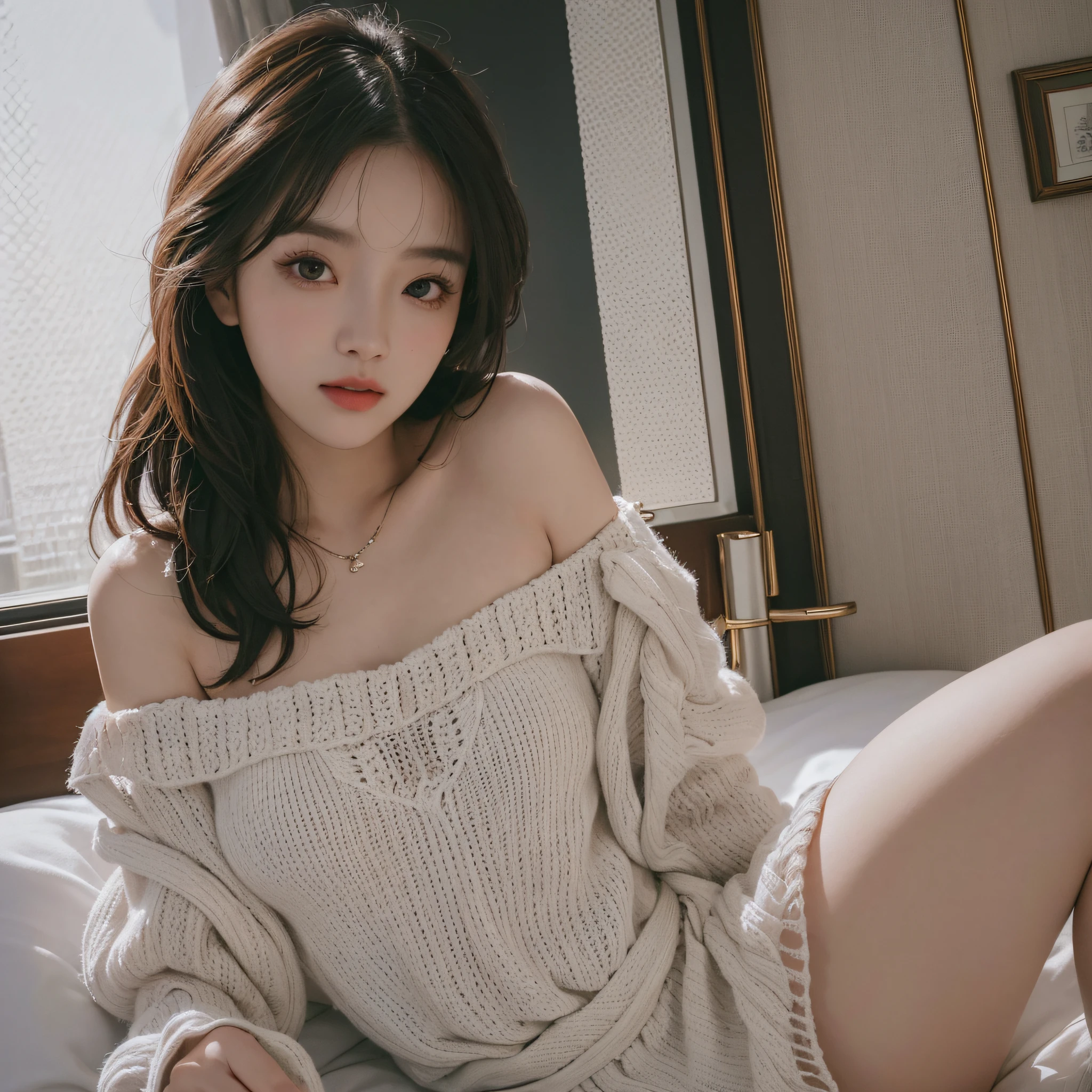 best quality ,masterpiece,ultra high res,(photo realistic:1.4), 1 girl, looking at viewer, Wearing oversized off-shoulder knit over lingerie, korean famous actress, very beautiful,kawaii, Cinematic, 35mm lens, f/ 1. 8, accent lighting, 8k, at luxury hotel --auto --s2