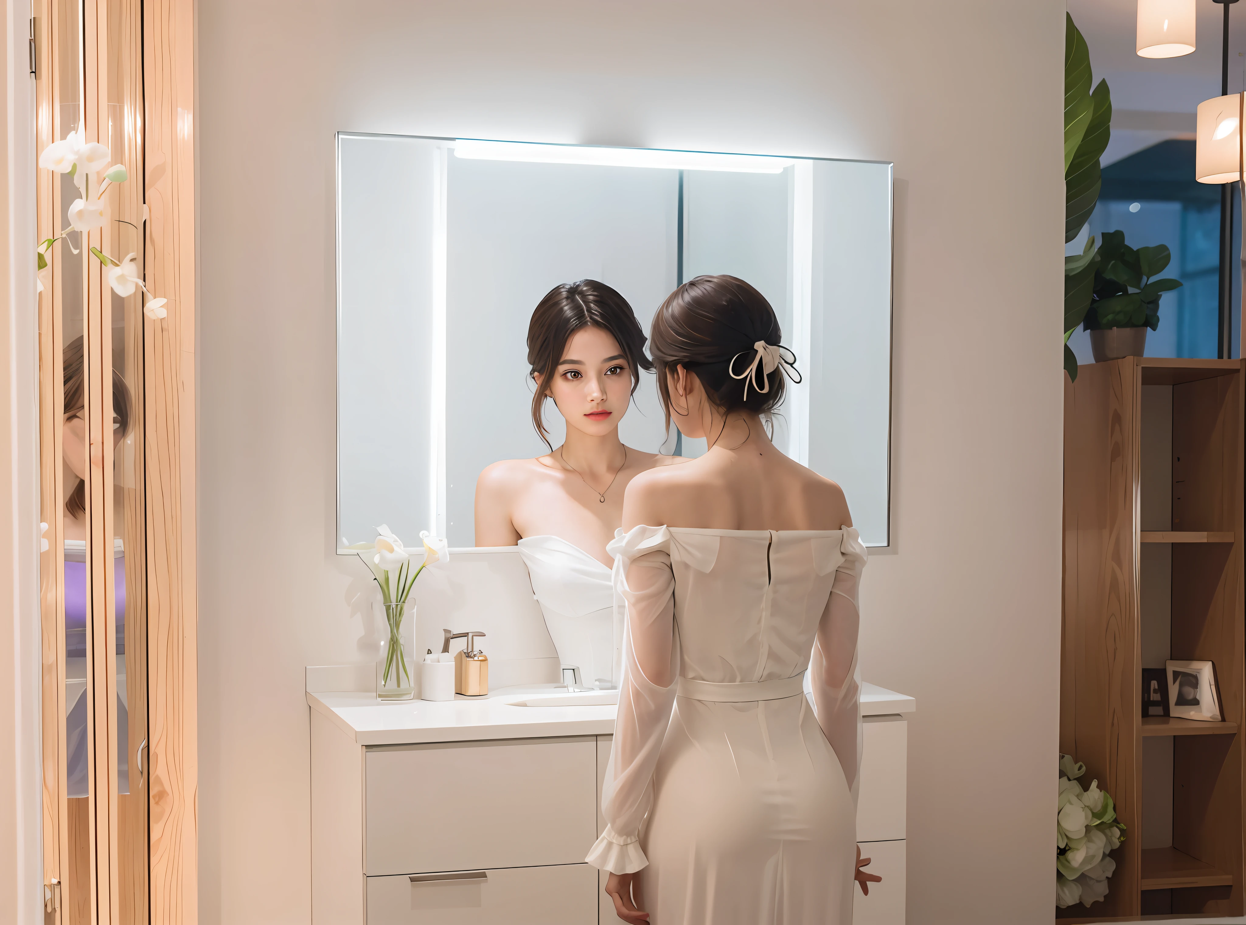 There is a woman standing in front of the mirror looking at herself, looking in the mirror, delicate facial features, admiring her reflection, with backlight, textured skin, UHD, high quality, high details, best quality, highres, light brown hair, hair details
