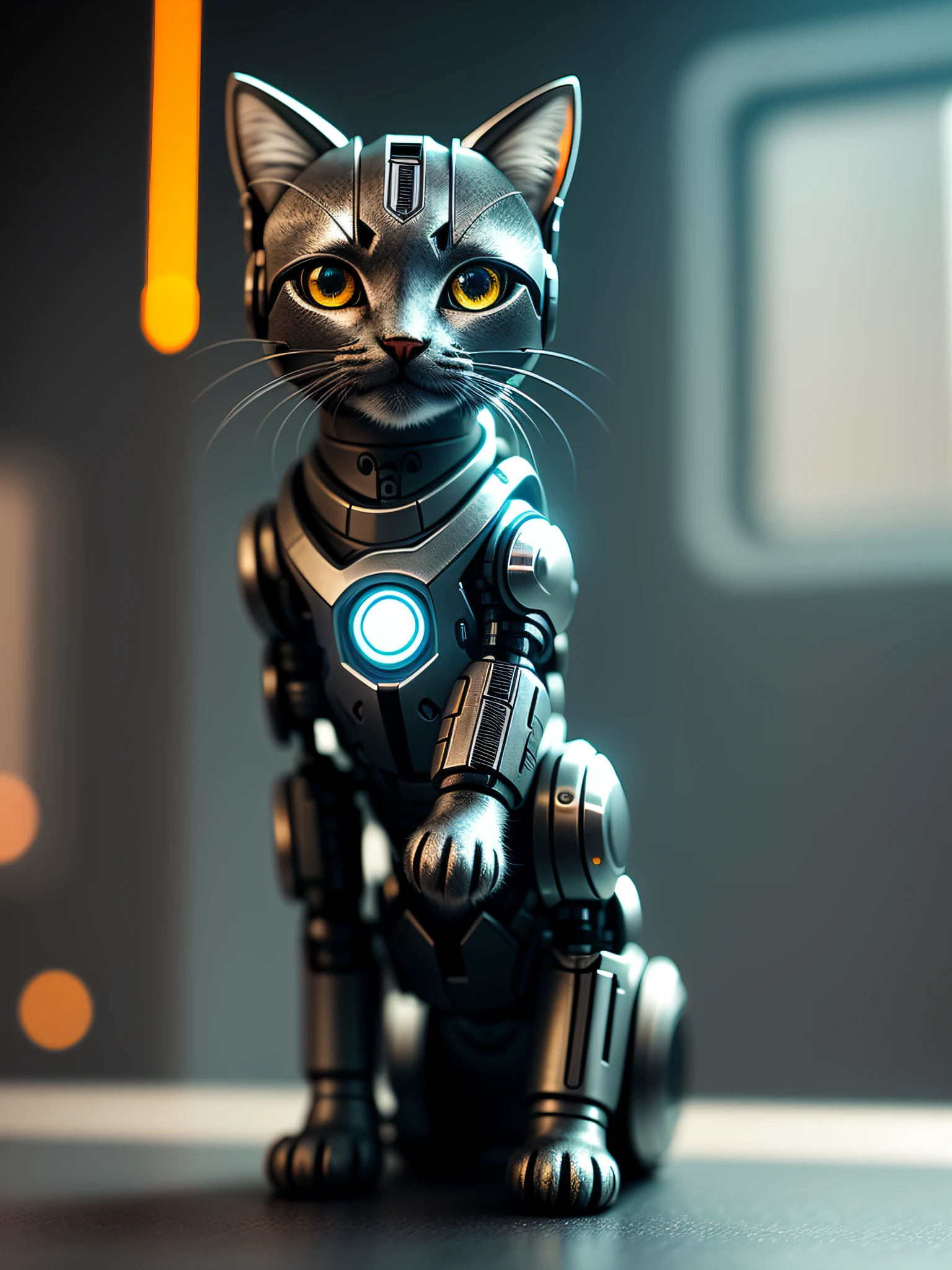 A cute kitten made of metal, (cyborg: 1.1), ([tail|detailed wire]: 1.3), (intricate detail), HDR, (hyperdetailed: 1.2), cinematic lens, centered, cyberpunk