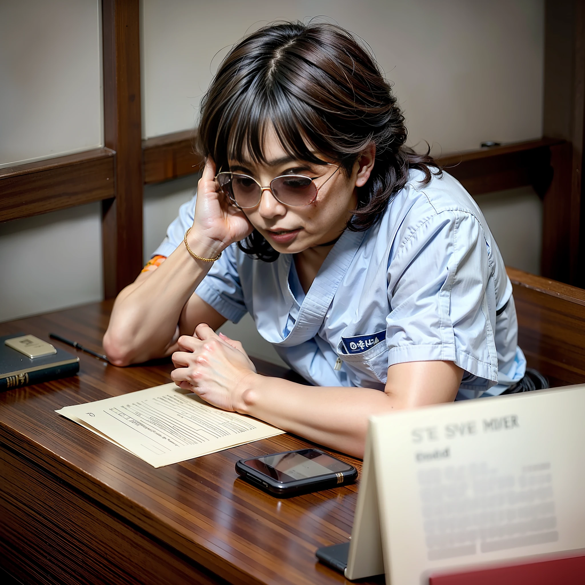 middle aged japanese man, in court, wearing sunglasses and a lawyer, moderately oversized wig, awful styled wig, ssmug expression