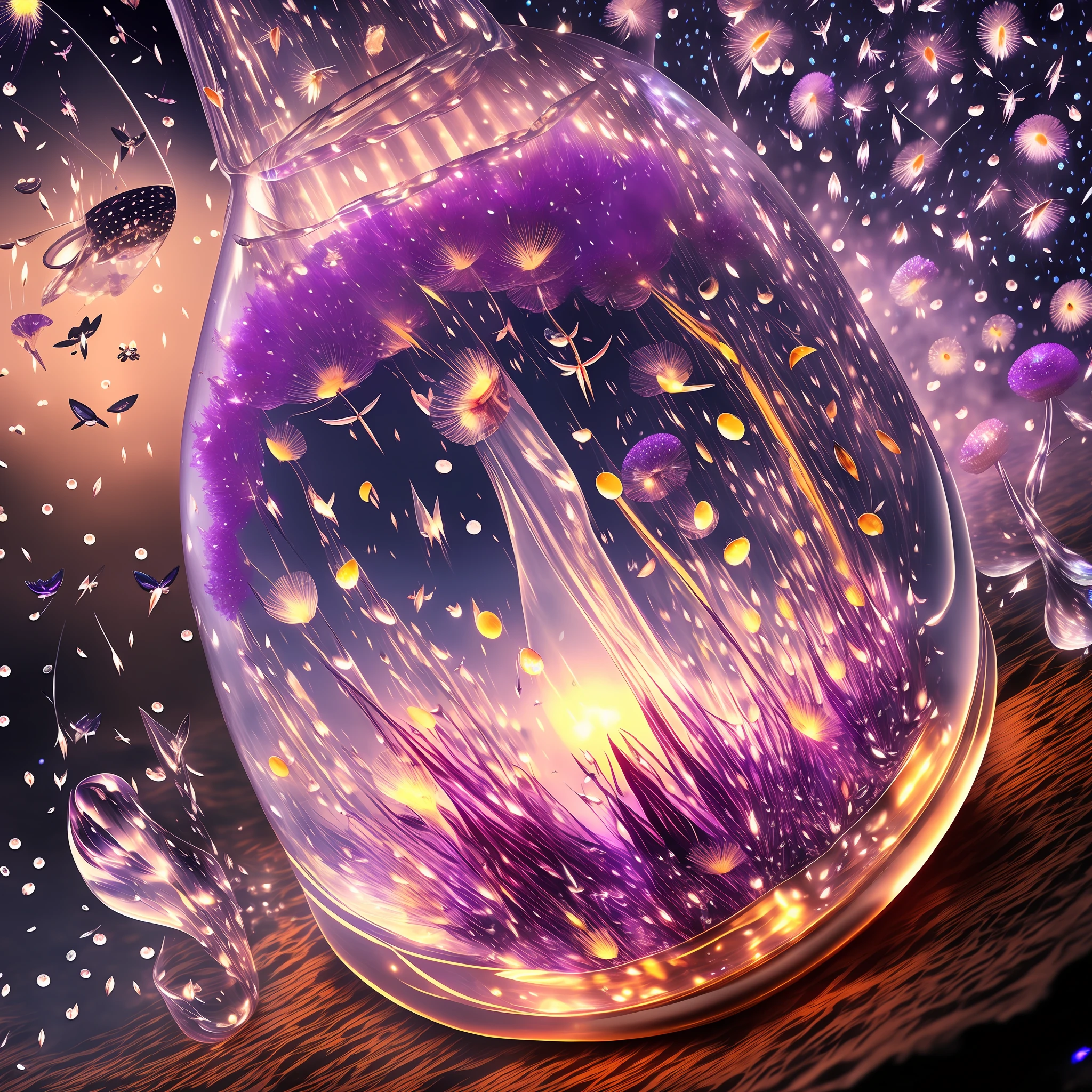 Computer, Extensive landscape ultrasound photography (general view, which shows a glass glass, a glass bottle, dandelions inside the bottle, fly agaric mushrooms), (detailed description of the bottle, mushrooms), glass, (detailed description of the dandelion), inside the glass water (ultra-detailed burning flower), waves (detailed), butterflies (detailed), dawn, starry sky, moon, meteors (detailed), sea (detailed), reflection of the moon on the water surface, reflection full of shooting stars in wine,  a drop of wine, moths (1:3), fireflies (1:3), (ultra-detailed description of appearance), burning beacon (crystals: 1,2), BREAK production art, (cold light source:1.2), (Firefly:1.2), lilac, purple, fire particles, colors, complex details, volumetric lighting, realistic fantasy BREAK (masterpiece:1.2), (best quality), 4K, ultra-detailed, (dynamic composition: 1.4), high detailed, colorful details, (gloomy colors: 1.2), (luminous lighting, atmospheric lighting),  Dark, Dark, Magical, (Solo: 1.2) --auto --s2