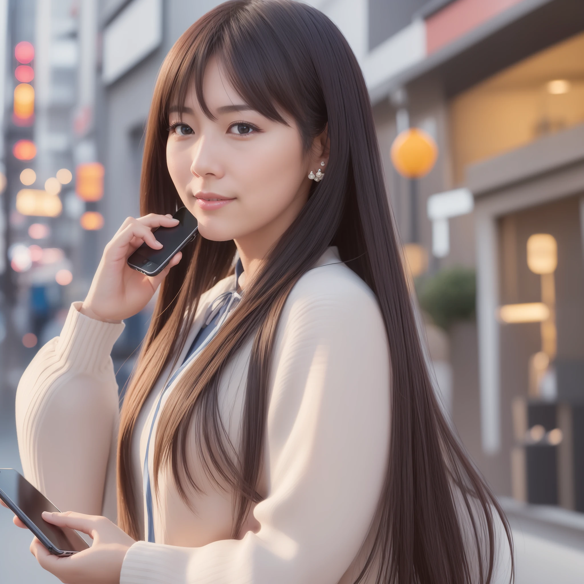writing emails on the phone, absurdity, mouth closed, balanced eyes,
(Top quality detail: 1.2), realistic, 8K high definition, super detail, high quality texture, intricate detail, detail, detail, very detail CG, high quality shadow, detail beautiful delicate face, detail beautiful delicate eyes, depth of field, ray tracing, (beauty 40 year old cute Japan woman: 1), looking at smartphone, well-formed face, Straight long hair, fashion in the style of female announcer, skirt, --auto --s2