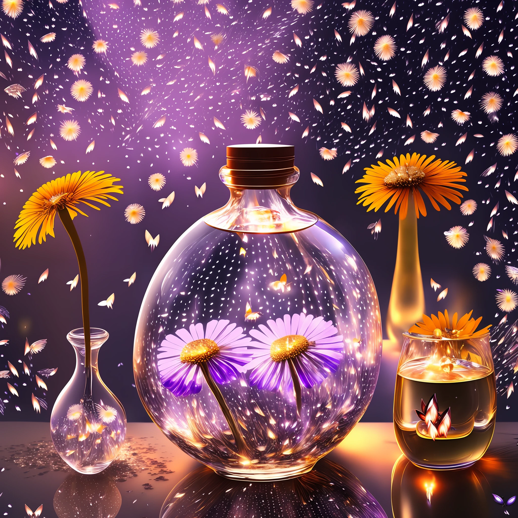 Computer, Extensive landscape ultrasound photography (general view, which shows a glass glass, a glass bottle, dandelions inside the bottle, fly agaric mushrooms), (detailed description of the bottle, mushrooms), glass, (detailed description of the dandelion), inside the glass water (ultra-detailed burning flower), waves (detailed), butterflies (detailed), dawn, starry sky, moon, meteors (detailed), sea (detailed), reflection of the moon on the water surface, reflection full of shooting stars in wine,  a drop of wine, moths (1:3), fireflies (1:3), (ultra-detailed description of appearance), burning beacon (crystals: 1,2), BREAK production art, (cold light source:1.2), (Firefly:1.2), lilac, purple, fire particles, colors, complex details, volumetric lighting, realistic fantasy BREAK (masterpiece:1.2), (best quality), 4K, ultra-detailed, (dynamic composition: 1.4), high detailed, colorful details, (gloomy colors: 1.2), (luminous lighting, atmospheric lighting),  Dark, Dark, Magical, (Solo: 1.2) --auto --s2