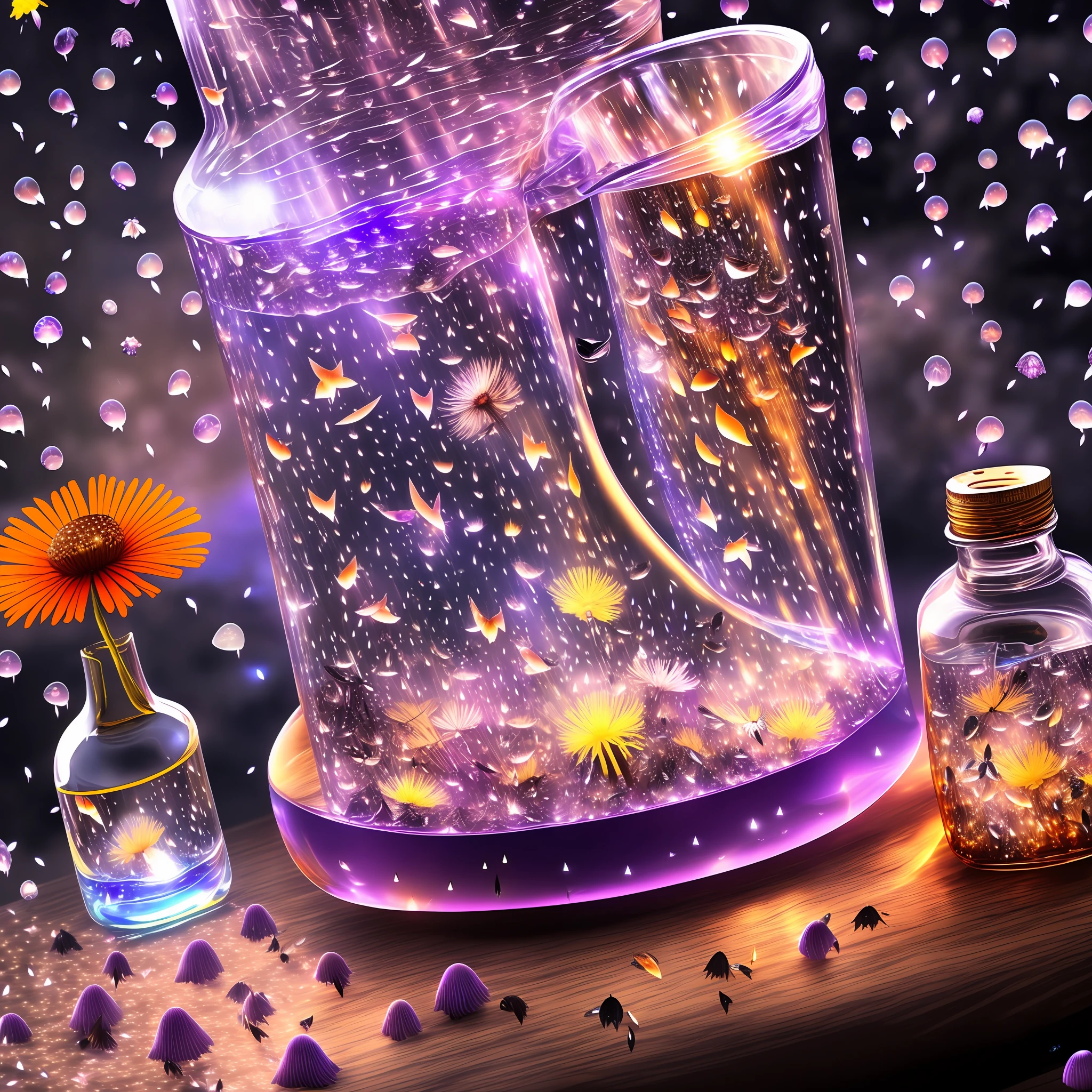 Computer, Extensive landscape ultrasound photography (general view, which shows a glass glass, a glass bottle, dandelions inside the bottle, fly agaric mushrooms), (detailed description of the bottle, mushrooms), glass, (detailed description of the dandelion), inside the glass water (ultra-detailed burning flower), waves (detailed), butterflies (detailed), dawn, starry sky, moon, meteors (detailed), sea (detailed), reflection of the moon on the water surface, reflection full of shooting stars in wine,  a drop of wine, moths (1:3), fireflies (1:3), (ultra-detailed description of appearance), burning beacon (crystals: 1,2), BREAK production art, (cold light source:1.2), (Firefly:1.2), lilac, purple, fire particles, colors, complex details, volumetric lighting, realistic fantasy BREAK (masterpiece:1.2), (best quality), 4K, ultra-detailed, (dynamic composition: 1.4), high detailed, colorful details, (gloomy colors: 1.2), (luminous lighting, atmospheric lighting),  Dark, Dark, Magical, (Solo: 1.2) --auto --s2