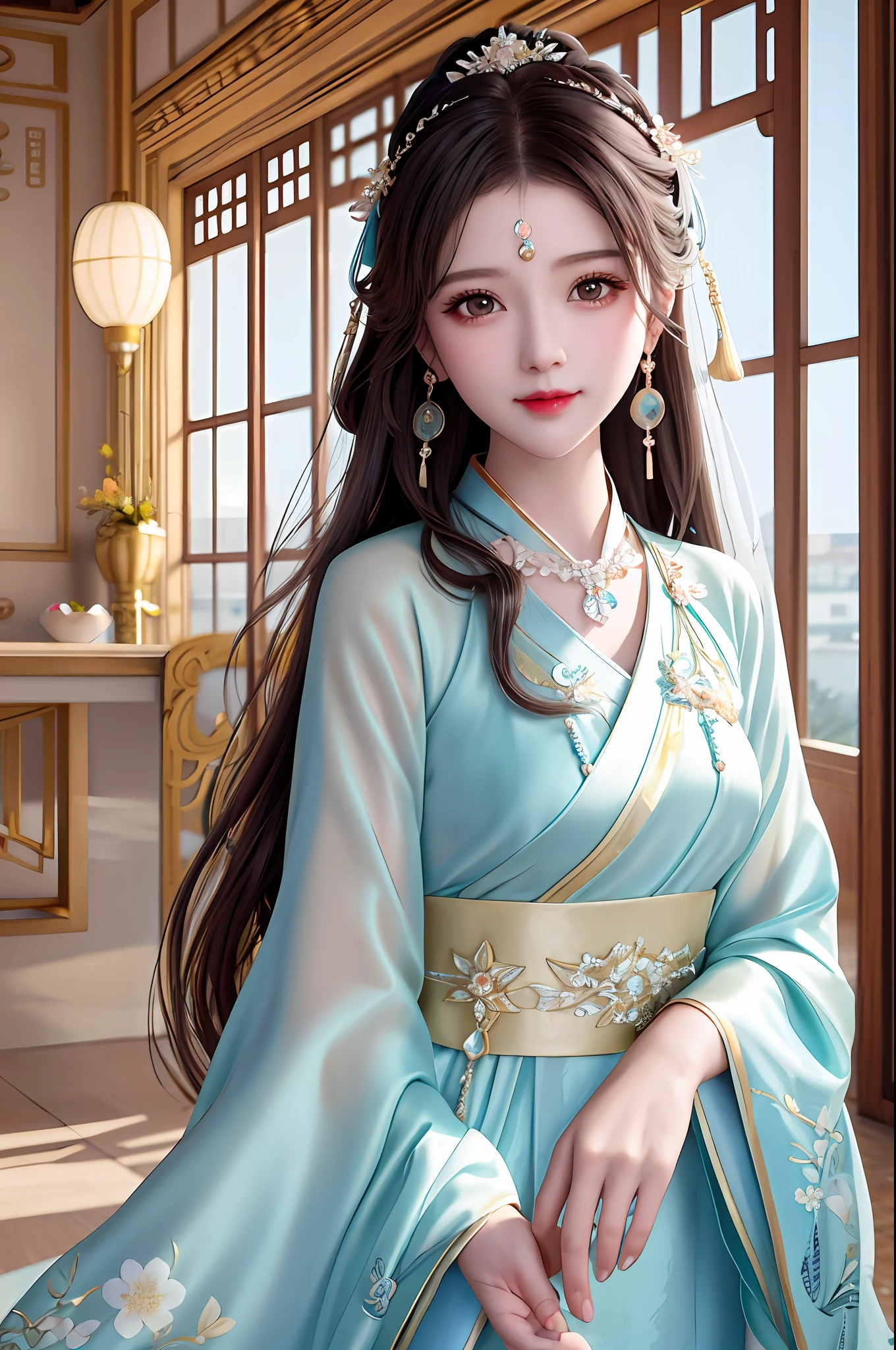 Best quality, masterpiece, high resolution, 1girl, transparent silk porcelain dress, hair accessories, smile, shut up, lips, dress, hair accessories, necklace, jewelry, Hanfu, long hair, earrings, detailed beautiful eyes, detailed Eyelashes, beautiful face, upon_body, tyndall effect, photorealistic, rim lighting, two tone lighting, (high detail skin: 1.2), 8k uhd, dslr, soft light, high quality, volumetric light, snapshot, photo, high resolution, 4k, 8k, bokeh, intrauterine, superb, masterpiece, high resolution, 1girl, transparent silk porcelain dress, hair accessories, smile, shut up, lips, skirt, hair accessories, necklace, jewelry, Hanfu, long hair, earrings, detailed beautiful eyes, detailed eyelashes, beautiful face, body, tyndall effect, photorealism, edge lighting, duotone lighting, (high detail skin: 1.2), 8k uhd, dslr, soft light, high quality, Volumetric lighting, candid, photo, high resolution, 4k, 8k, bokeh, inside the palace
