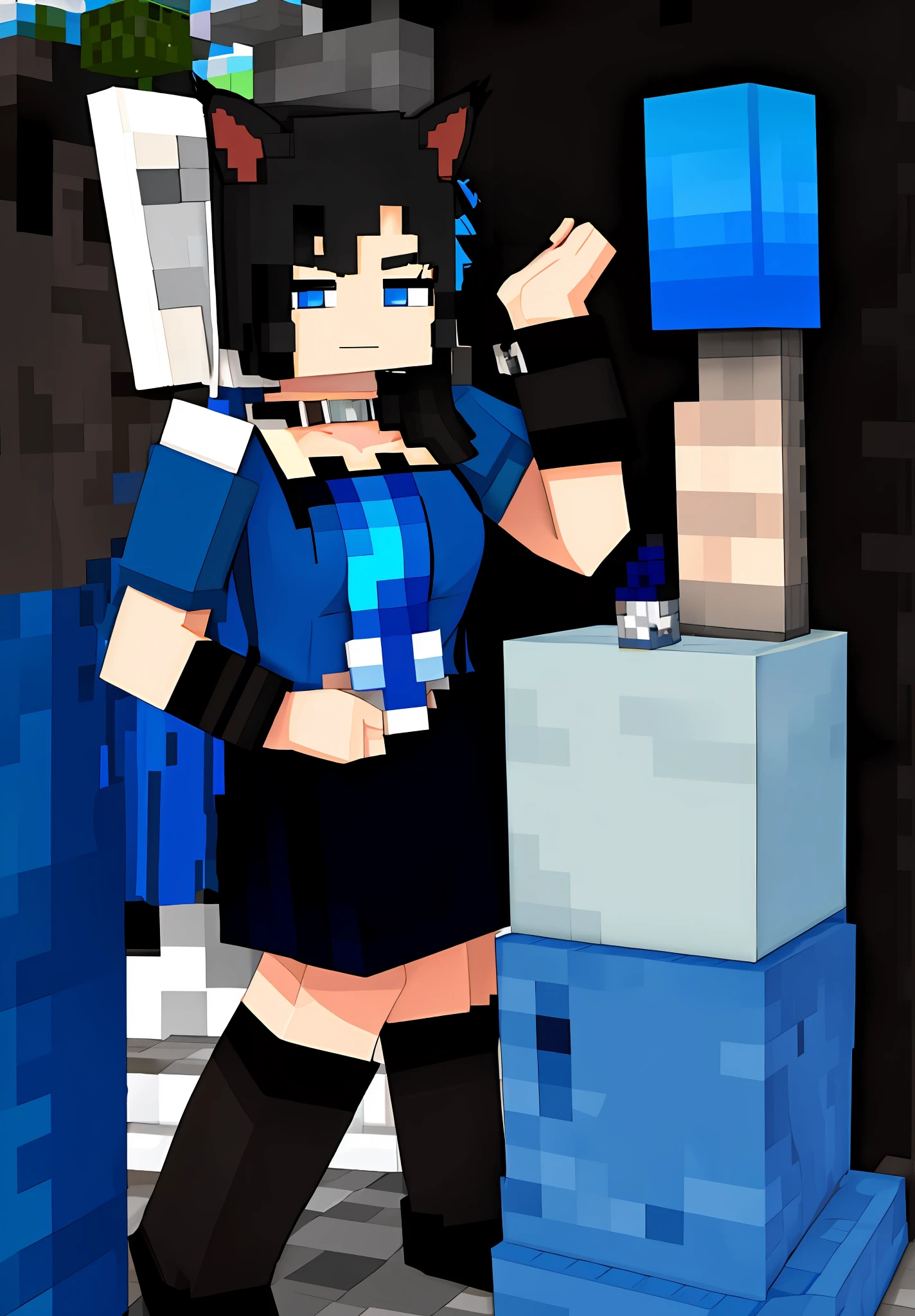 gura_neko, blue dress, cat ears, side ponytail, minecraft, RTX, masterpiece, high quality, highres,