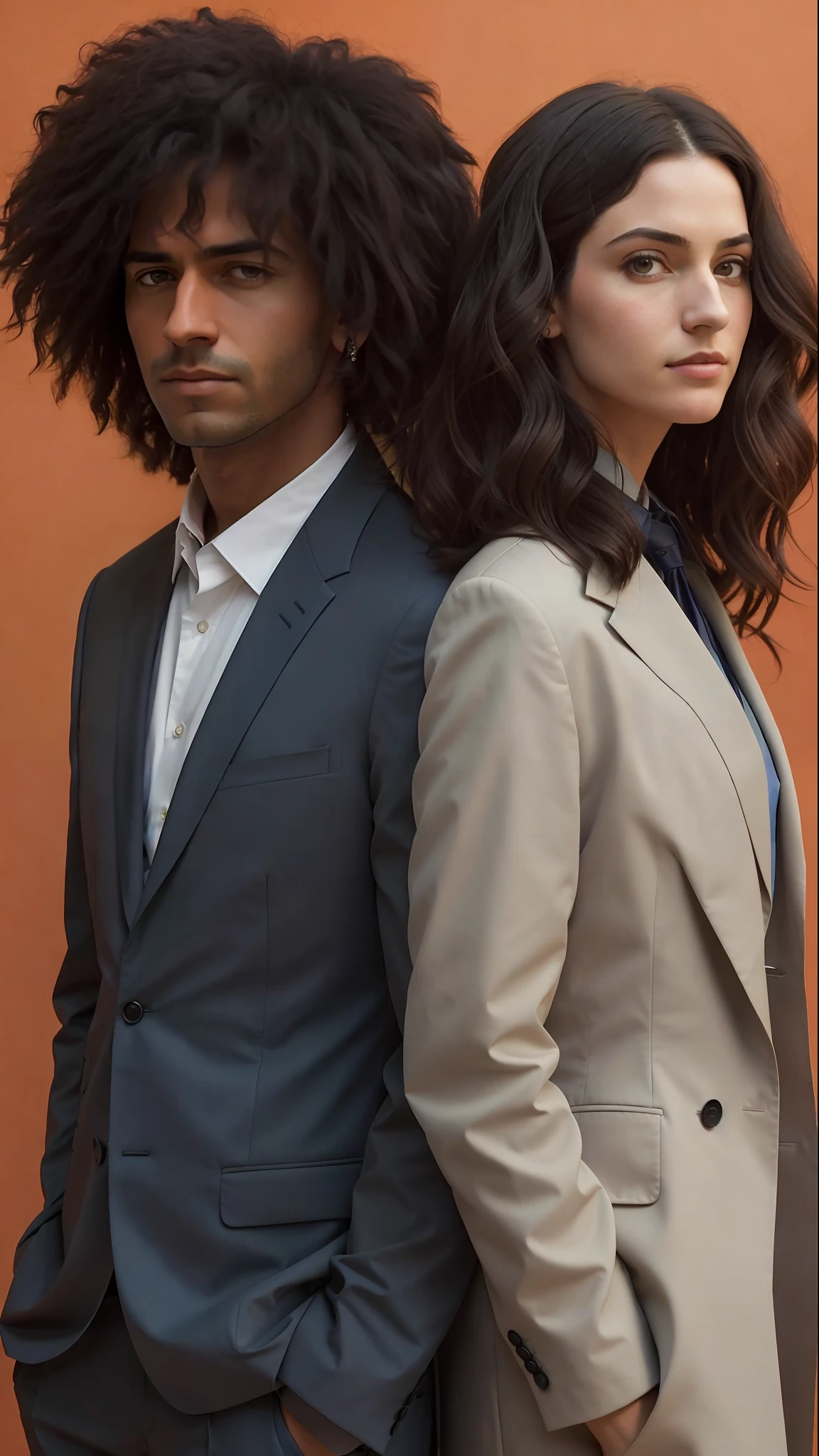 arafed image of a man and a woman in a suit, portrait of two people, color portrait, medium shot of two characters, photo portrait, photoshoot, by Emma Andijewska, by Matija Jama, muted colors. ue 5, by Alexander Mann, tailored clothing, high quality portrait, promotional image, promotional shot, promotional picture, mid shot portrait