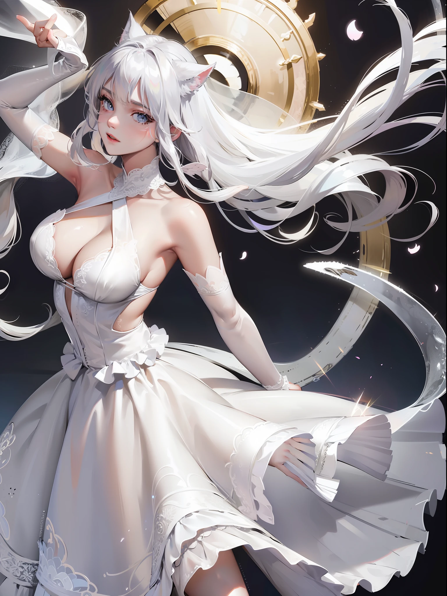 best quality, masterpiece, highly detailed, 1girl, solo, Transparent white skin, mature woman, sister, close to viewer, White hair, silver hair, bare shoulder, Shoulderless Dresses, wedding dress, white dress, white lace dress, white lace long skirt, elbow gloves, cat ears, cat tail, rational, bangs, very long hair, light smile, streaked hair, beautiful silver long hair girl, blue eyes, light pink lips, large breasts, delicate face, delicate hands, calm, flower background, petal dancing