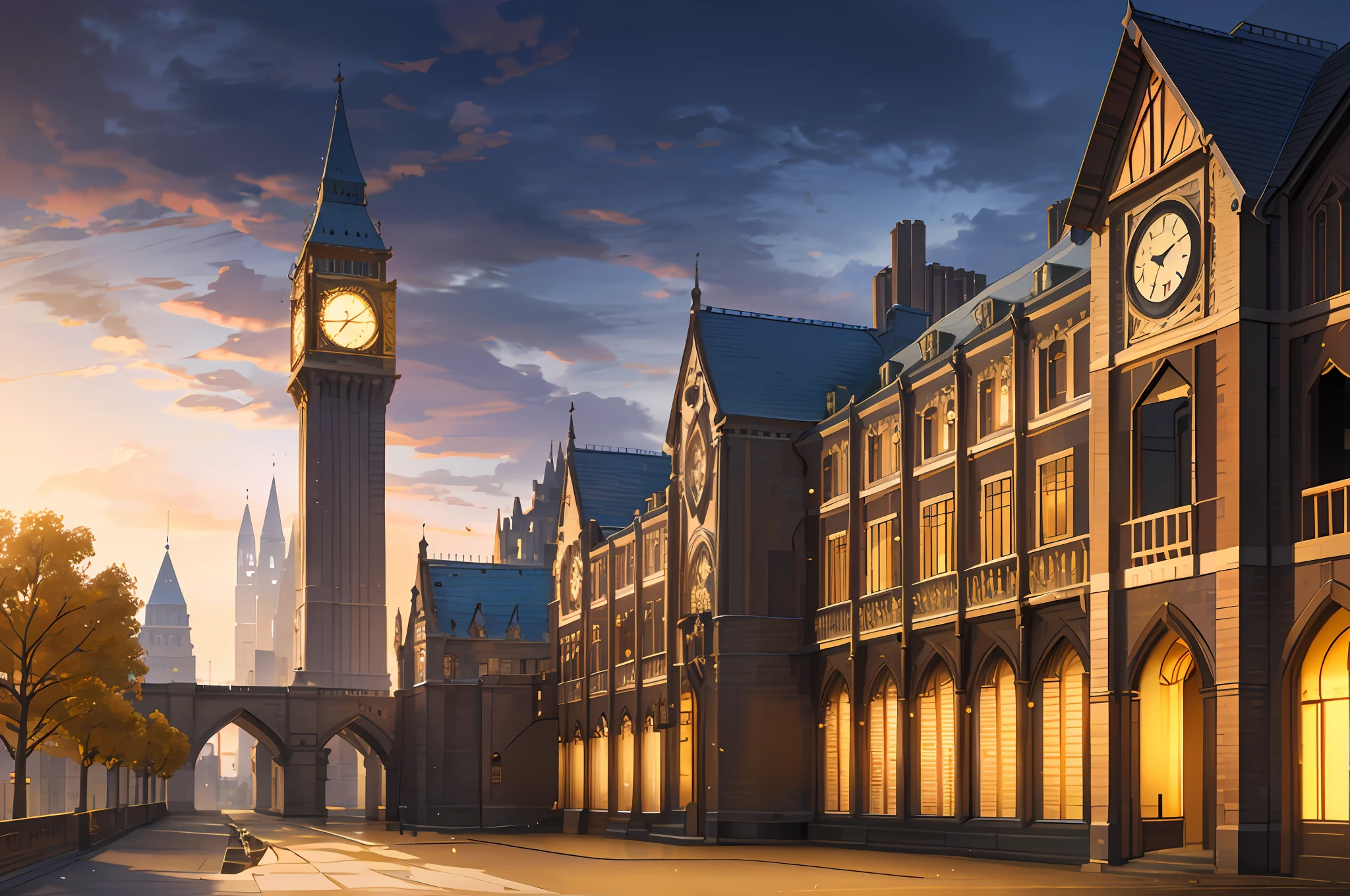 An image of a old building with a clock tower in the middle, in the style of speedpainting, elegant cityscapes, manga-inspired, light bronze and dark amber, northwest school, majestic ports, volumetric lighting, (illustration: 1.0), window detail correction and enhancement, magnificent composition, detail enhancement, detail enhancement. Realistic lighting, HD detail, masterpiece, highest quality, (highly detailed CG Unity 8k wallpaper), (highest quality)