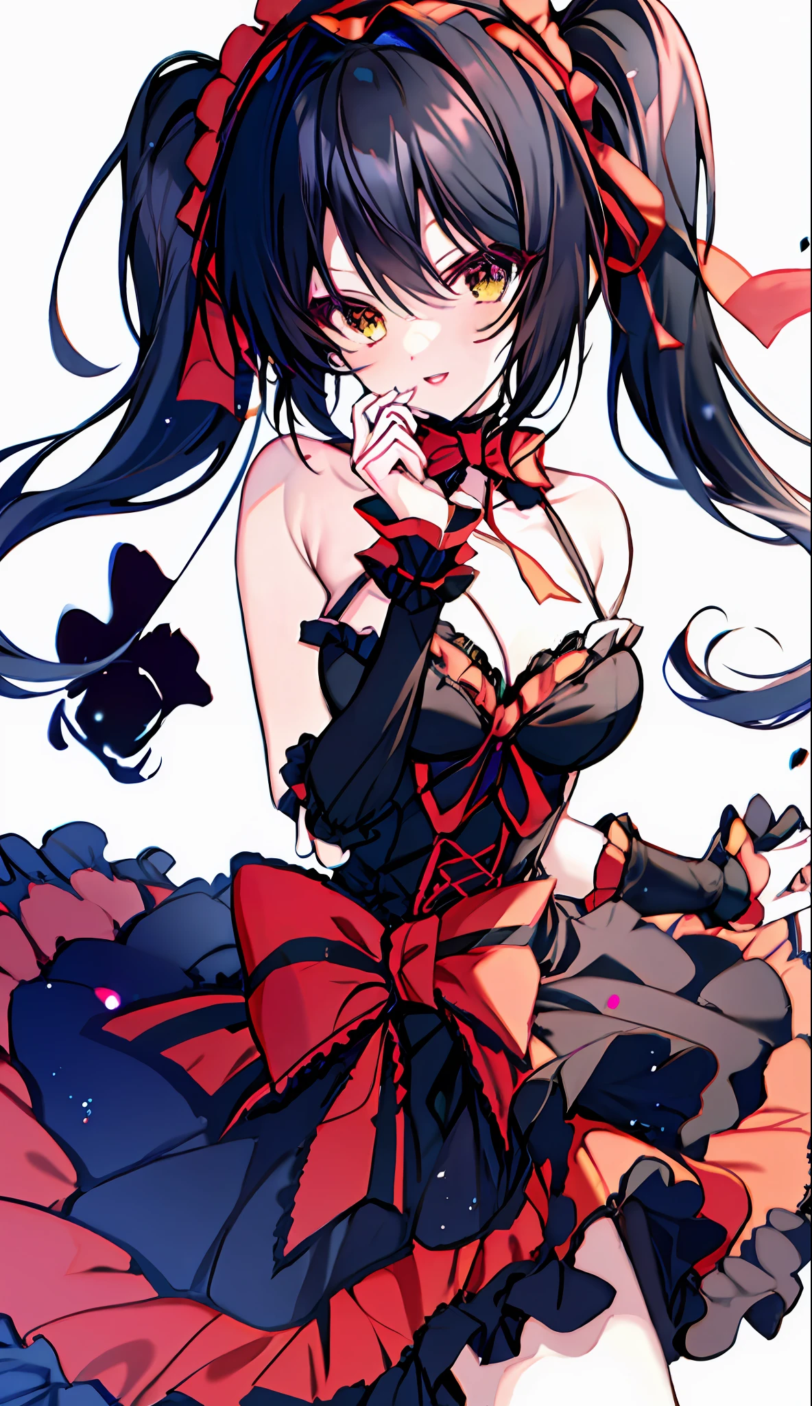 18 years old beautiful girl, masterpiece, top quality, 8K anime, 1 girl, solo, detailed fingers, precise fingers, not unnatural hands, odd eye, black hair twintails, kurumi tokizaki, large breasts,