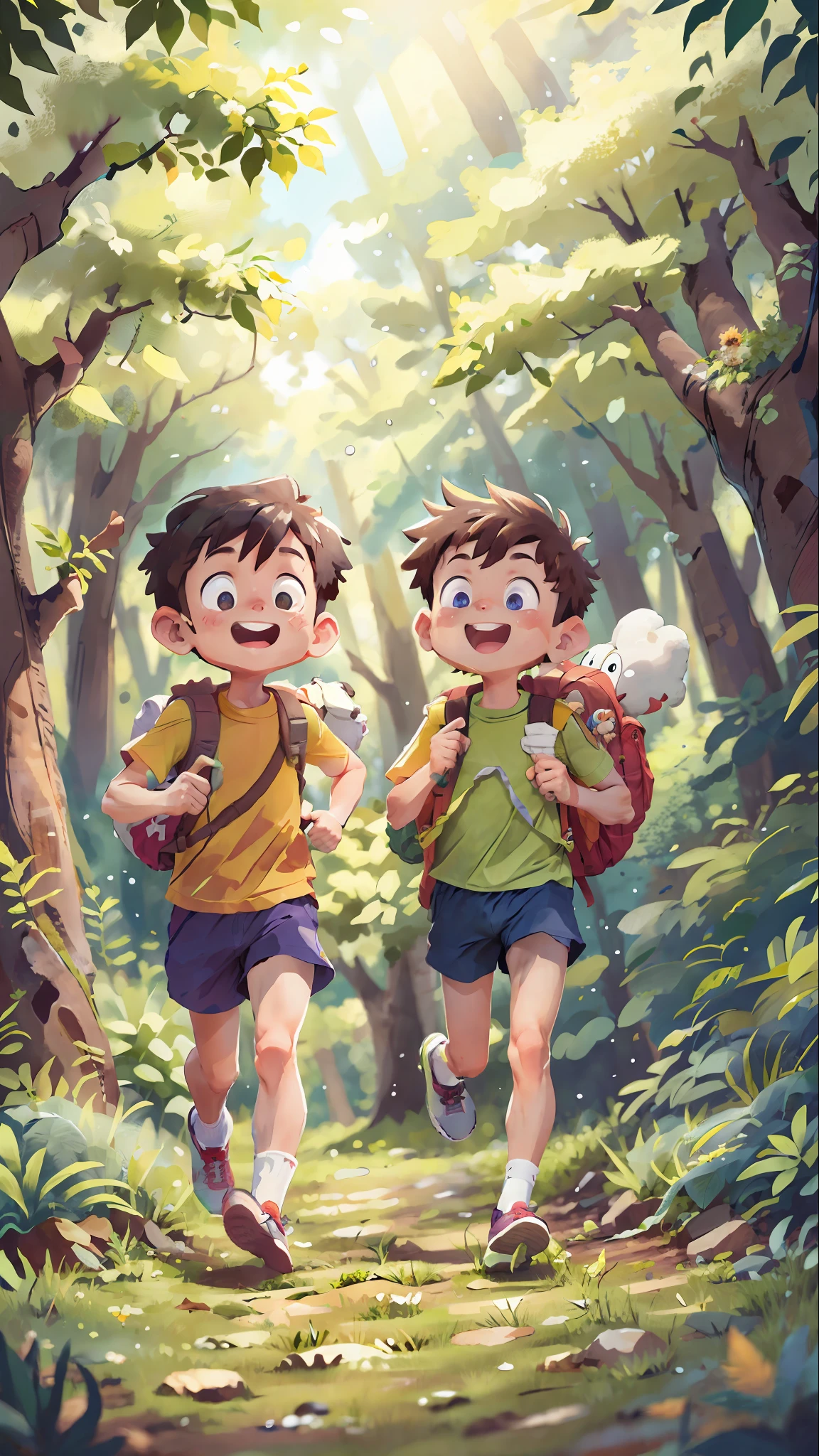 (SFW), two running boys, spring outing, happy, backpack on back, forest in the background, perfect quality, clear focus, colorful, perfect face, intricate details, ultra-low viewing angle, wide angle lens