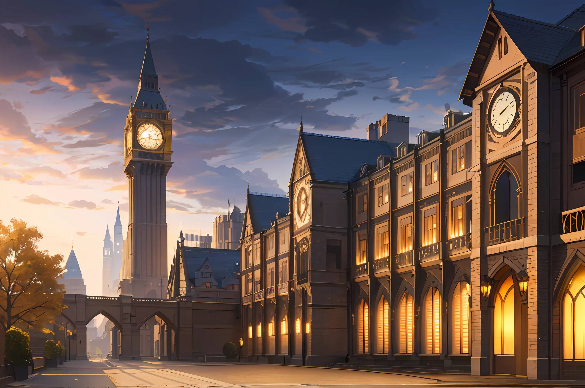An image of a old building with a clock tower in the middle, in the style of speedpainting, elegant cityscapes, manga-inspired, light bronze and dark amber, northwest school, majestic ports, volumetric lighting, (illustration: 1.0), window detail correction and enhancement, magnificent composition, detail enhancement, detail enhancement. Realistic lighting, HD detail, masterpiece, highest quality, (highly detailed CG Unity 8k wallpaper), (highest quality)