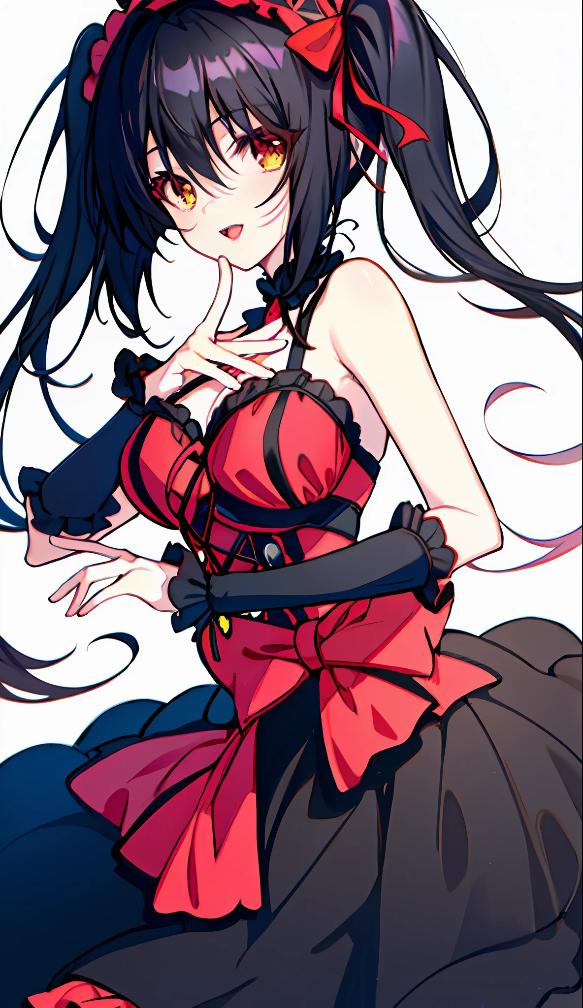 18 years old beautiful girl, masterpiece, top quality, 8K anime, 1 girl, solo, detailed fingers, precise fingers, not unnatural hands, odd eye, black hair twintails, kurumi tokizaki, large breasts,