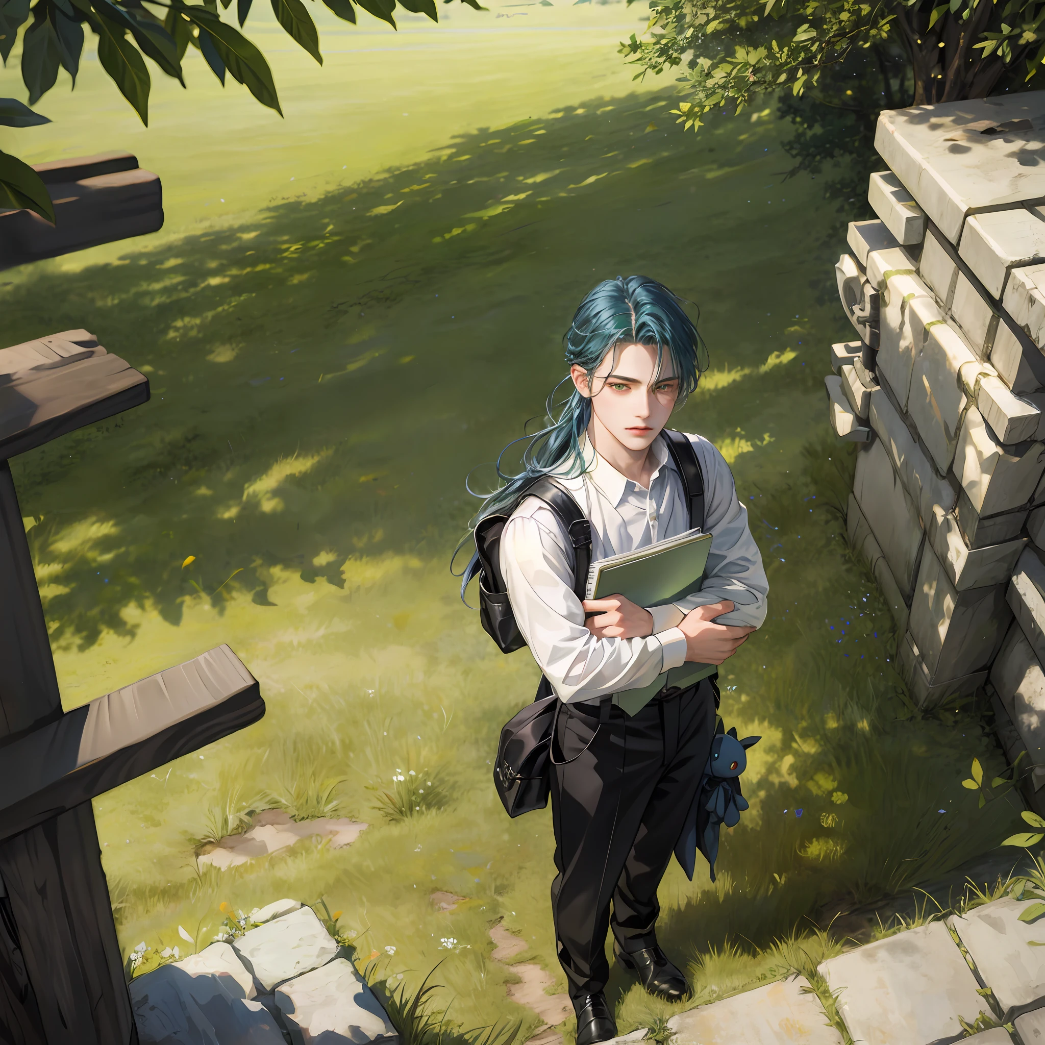 1 boy, soloist, notebook, holding notebook, green grass, holding doll, holding camera, long hair, golden eyes, shadows, blue hair