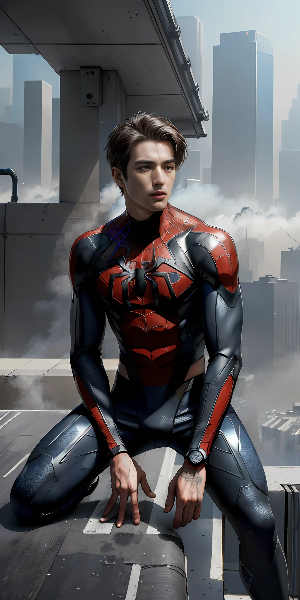 (1boy:1.3), solo, ((very detailed face)))), ((very detailed eyes and face)))), beautiful detailed eyes, body parts__, full body portrait, official art, unified 8k wallpaper, super detailed, beautiful and beautiful, beautiful, masterpiece, best quality, original, masterpiece, super fine photo, best quality, super high resolution, realistic realism, sunlight, full body portrait, amazing handsome, dynamic pose, delicate face, vibrant eyes, (from the front), wearing Spider-Man suit, red and black color scheme, spider, very detailed city roof background, rooftop, overlooking the city, detailed face, detailed complex busy background, messy, gorgeous, milky white, highly detailed skin, realistic skin details, visible pores, clear focus, volumetric fog, 8k uhd, DSLR, high quality, film grain, fair skin, photo realism, lomography, futuristic dystopian megalopolis, translucent, (Cyberpunk: 1.1), (Mechanical Joints: 1.2),