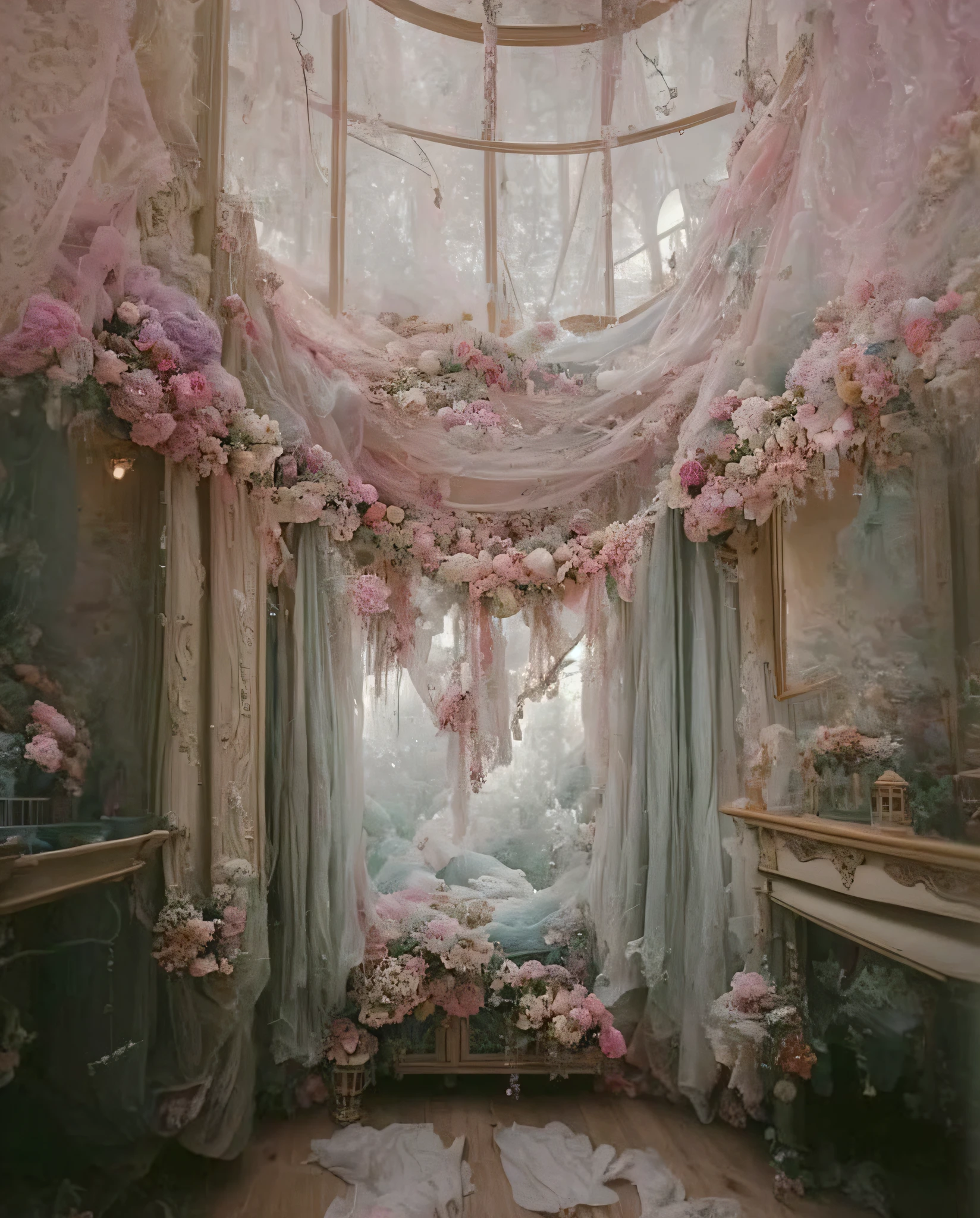 a close up of a room with a lot of flowers on the ceiling, dreamy atmosphere and drama, dreamy aesthetic, dreamy and detailed, very magical and dreamy, atmospheric beautiful details, neo-rococo expressionist style, ethereal fairytale, dreamy atmosphere, fantasy aesthetic!, dreamy scene, fairy aesthetics, dreamy ethereal vibe, incredibly ethereal, beautiful aesthetic, ethereal and dreamy theme --auto --s2