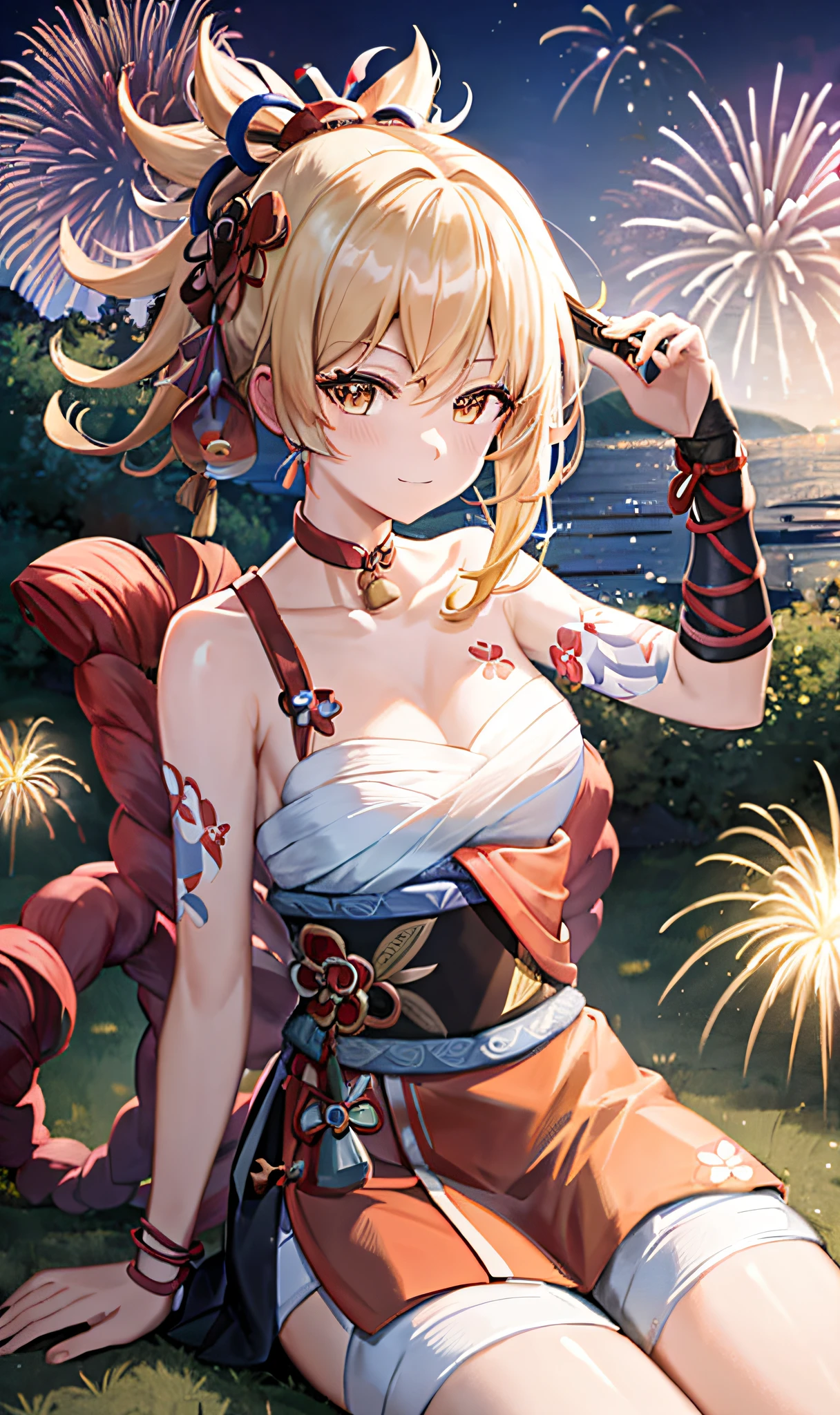 anime girl sitting on grass with fireworks in the background, ayaka genshin impact, ayaka game genshin impact, official artwork, onmyoji portrait, waifu, onmyoji, keqing from genshin impact, anime goddess, rin, anime waifu, shikishi, zhongli from genshin impact, 🌺 cgsociety, kantai collection style