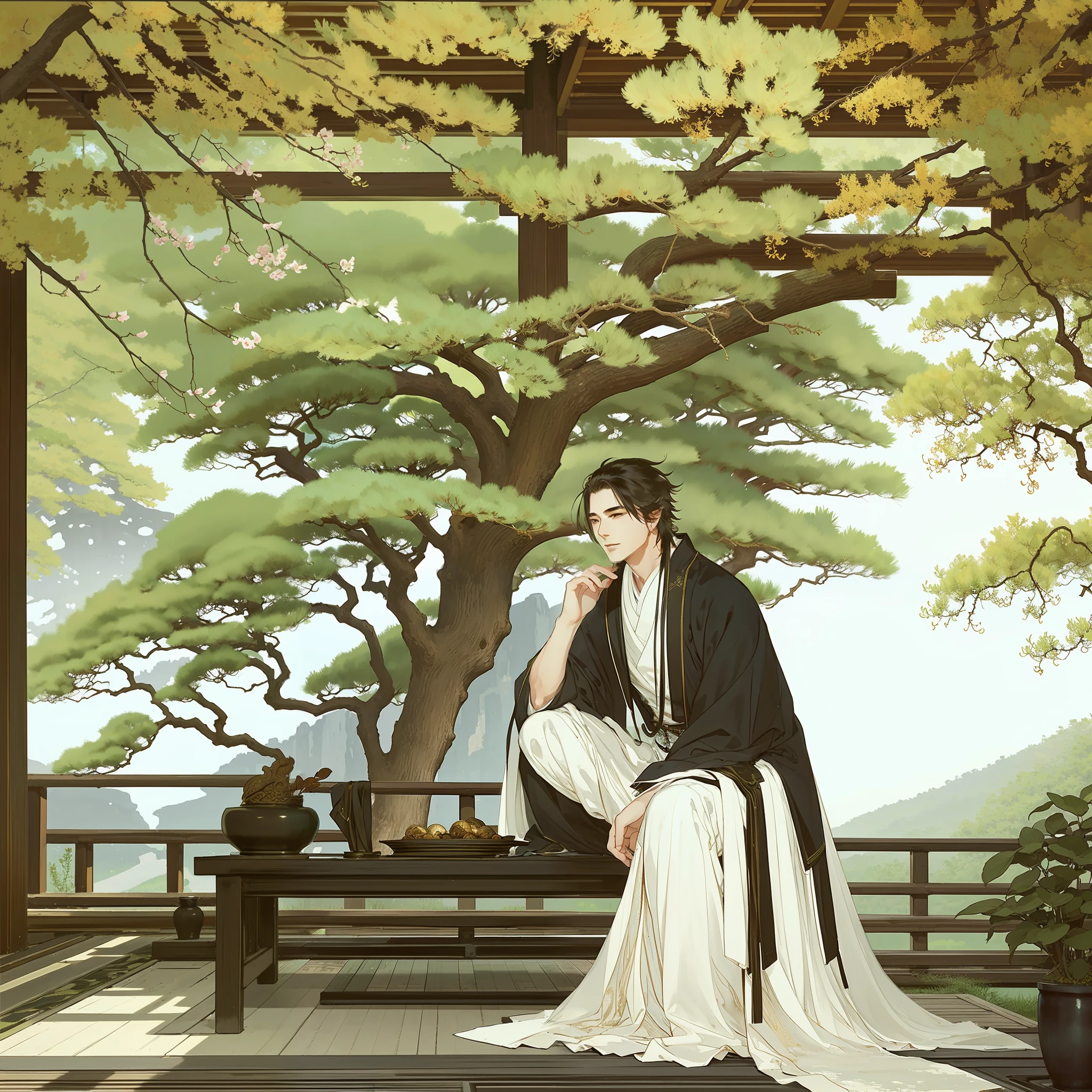 A handsome man in ancient China, sitting in a pavilion, mysterious temperament, clear face, beautiful eyes, trees, background is a pavilion, masterpiece, super detailed, epic composition, super HD, high quality, highest quality, 32k