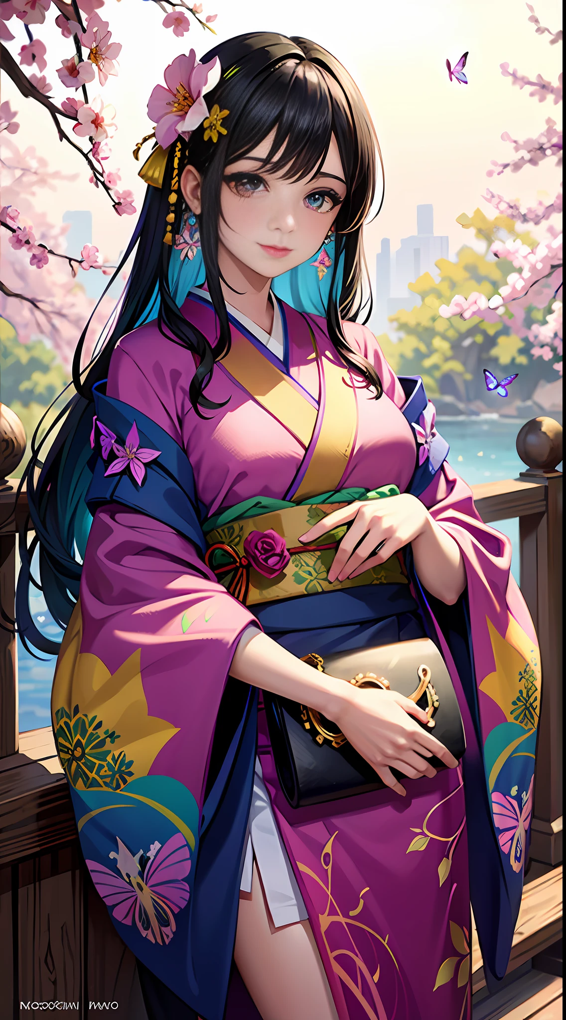 shukezouma, octane render, hdr, (hyperdetailed:1.15), (soft light, sharp:1.2), 1girl, beautiful girl, ultra detailed eyes, mature, plump, thick, rainbow painting drops, paint teardrops, woman made up from paint, entirely paint, splat, splash, long colored hair, kimono made from paint, ultra detailed texture kimono, rainbow paint kimono, paint bulb, paint drops, (hair ornaments, earrings, flowers hair ornaments, butterflies hair ornaments), outdoors, sakura trees