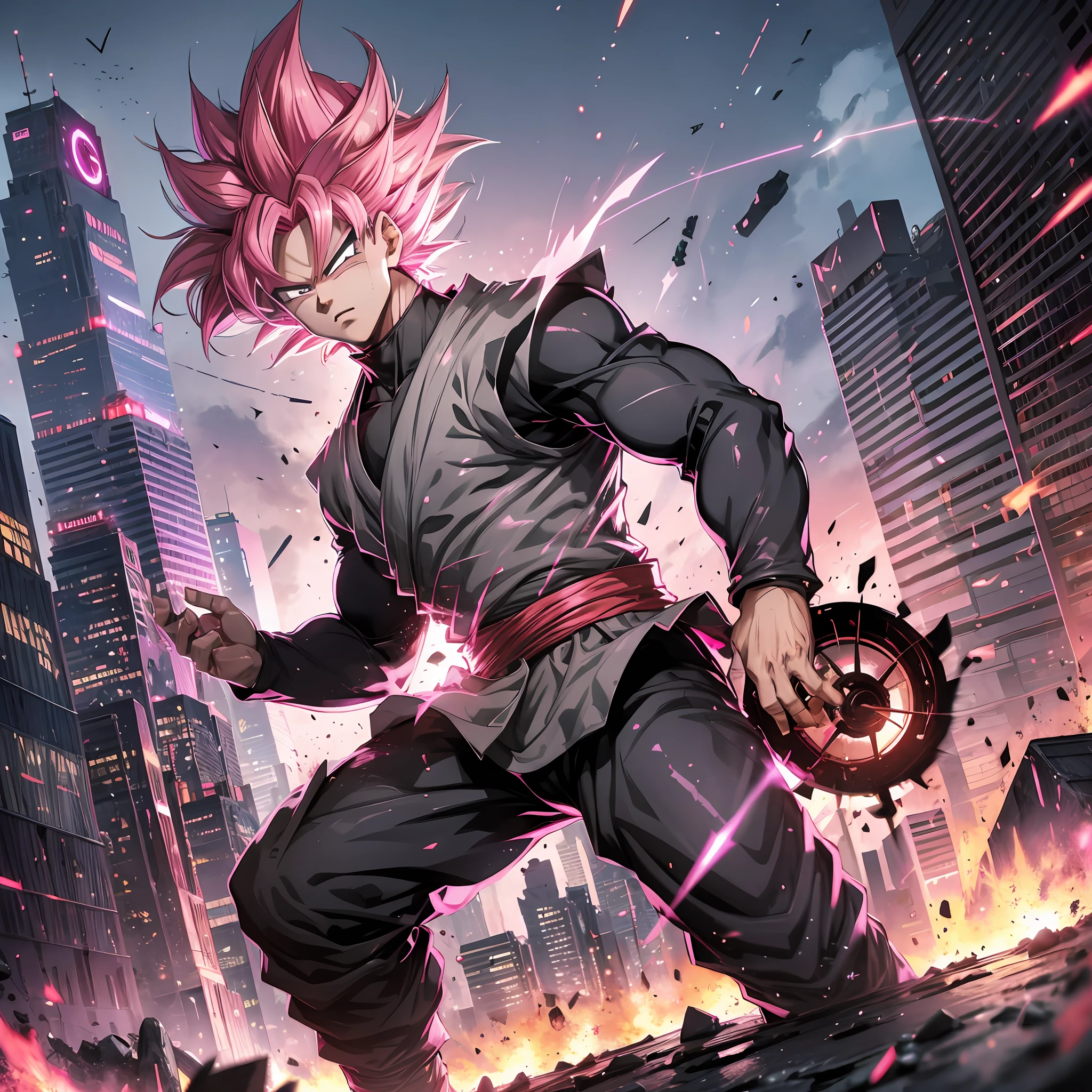 1boy,Goku black,black and red gi,super Saiyan Rosé,pink hair ,super Saiyan Rosé hair, official art for dbs,BREAK, dynamic lighting, cinematic, dynamic pose,battle damage, destroyed city,dark, absolutely stunning art, perfect eyes,slim,highest quality digital art, Stunning art, wallpaper 4k,8k,64k, HD, unparalleled masterpiece, dynamic lighting, cinematic, epic
