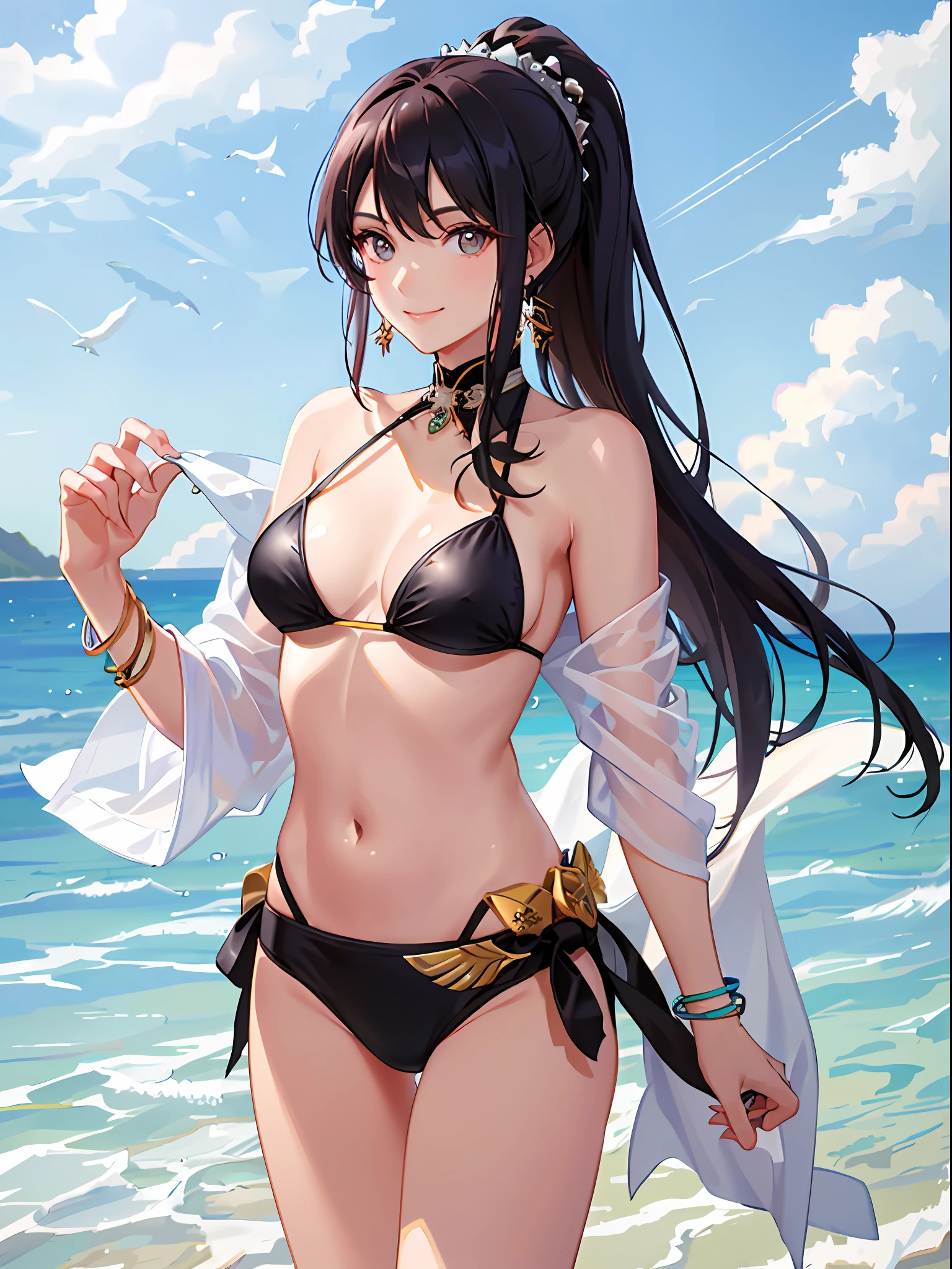 (Masterpiece: 1.5), (Best Quality: 1.5), High Resolution, High Detail, 1 Girl, Solo, Skin Highlight, Sharpen, Clear, straight hair, ponytail, multicolored hair, Jewelry, bracelet, earrings, cowboy shot, pale skin, smile, beach, bikini