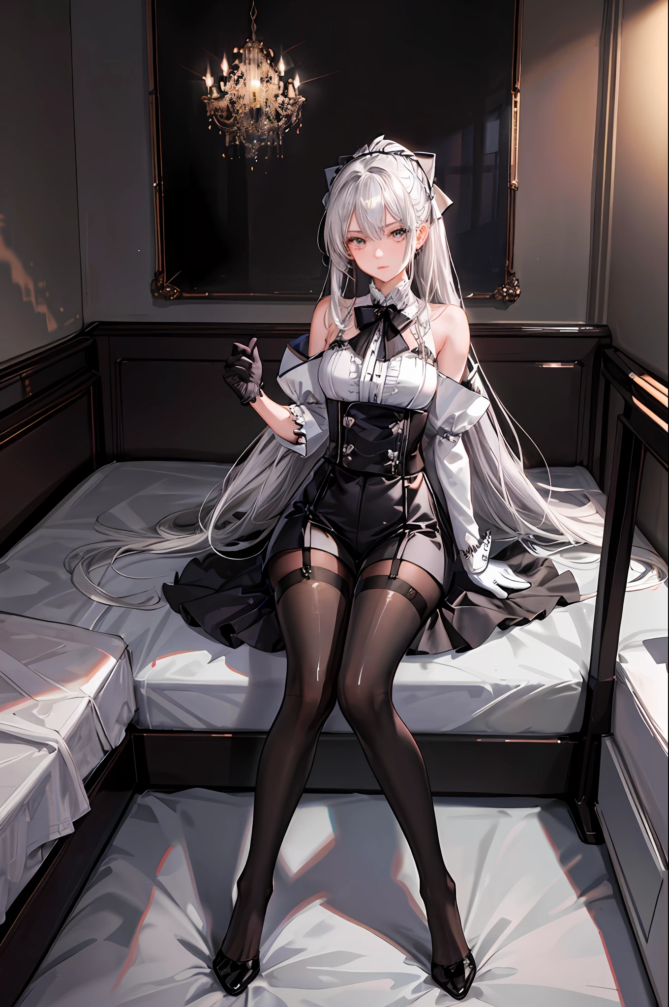 (((1 girl)),ray tracing,(dim lighting),[detailed background (bedroom)),((silver hair)),((silver hair)),(Fluffy silver hair, plump slender girl)) with high ponytail)))) Avoid blonde eyes in the ominous bedroom ((((Girl wears intricately embroidered black high-waisted pants with pantyhose) and white ruffled bow gloves), showing a delicate slim figure and graceful curves, correct limbs, sitting on the bed