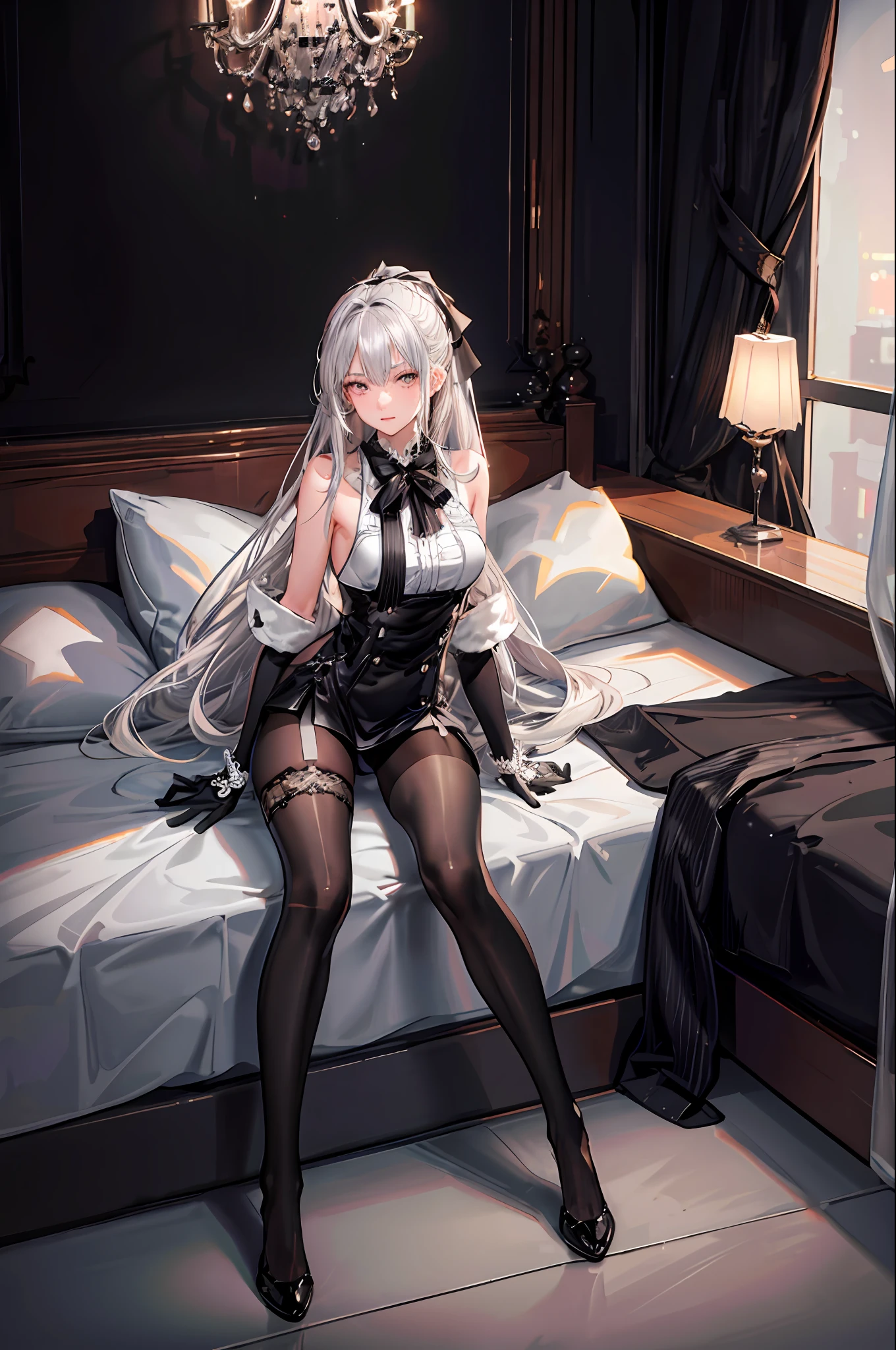 (((1 girl)),ray tracing,(dim lighting),[detailed background (bedroom)),((silver hair)),((silver hair)),(Fluffy silver hair, plump slender girl)) with high ponytail)))) Avoid blonde eyes in the ominous bedroom ((((Girl wears intricately embroidered black high-waisted pants with pantyhose) and white ruffled bow gloves), showing a delicate slim figure and graceful curves, correct limbs, sitting on the bed