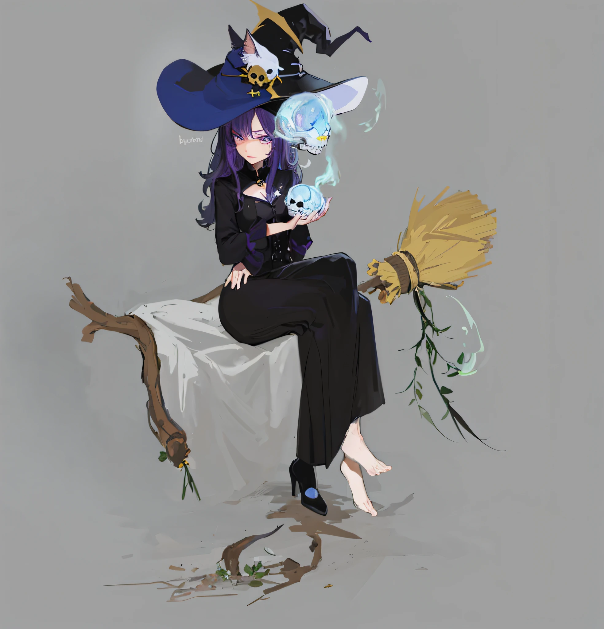 Character design, full body, skull, purple hair, black and blue hat, broom, skull in right hand, witch academy, witch girl, witch, fashion dark witch, dark witch character, witch, brunette mage, classical witch, dark witch, witch clothes, cat witch, Halloween art style, evil witch witch, witch costume
