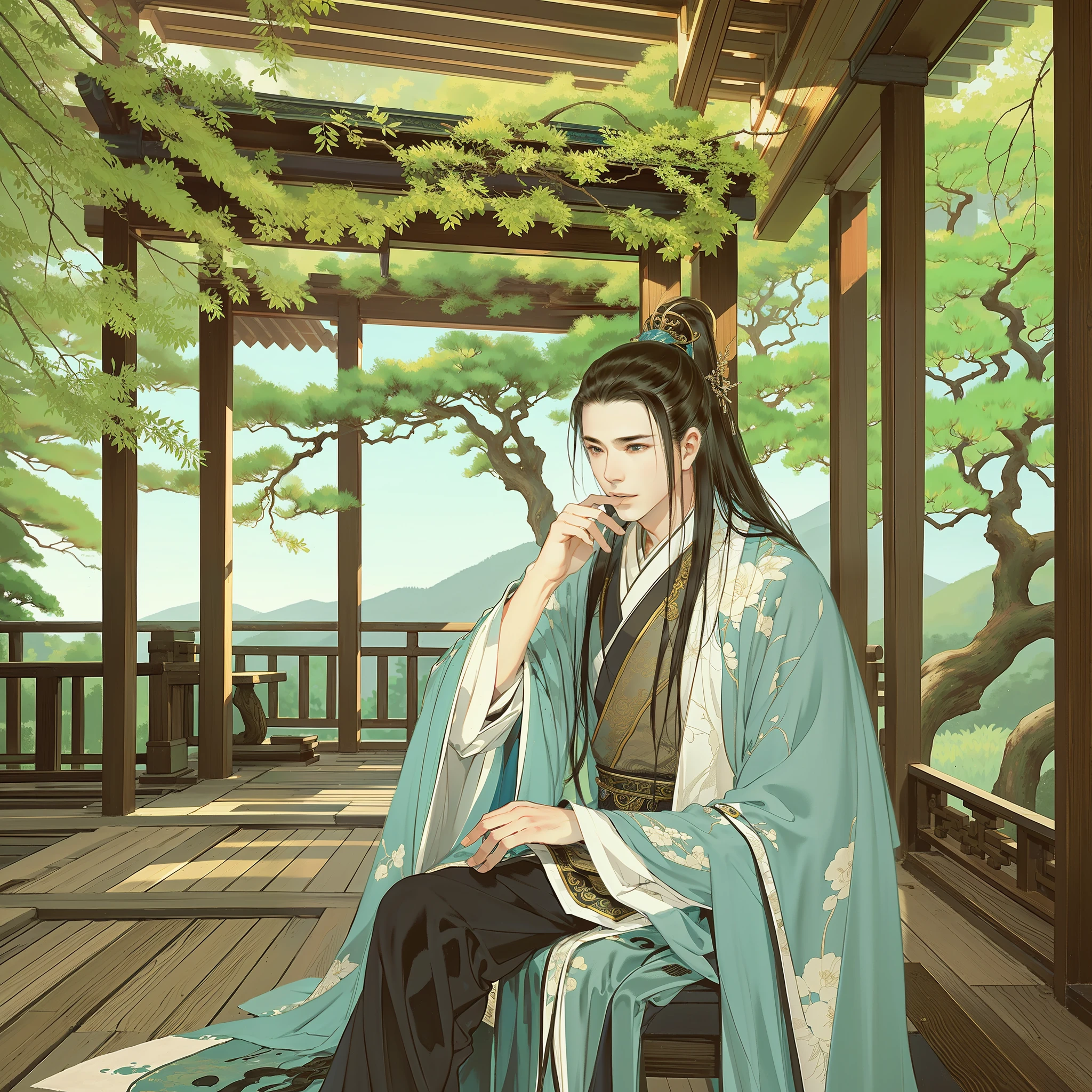 A handsome man in ancient China, sitting in a pavilion, mysterious temperament, clear face, beautiful eyes, trees, background is a pavilion, masterpiece, super detailed, epic composition, super HD, high quality, highest quality, 32k