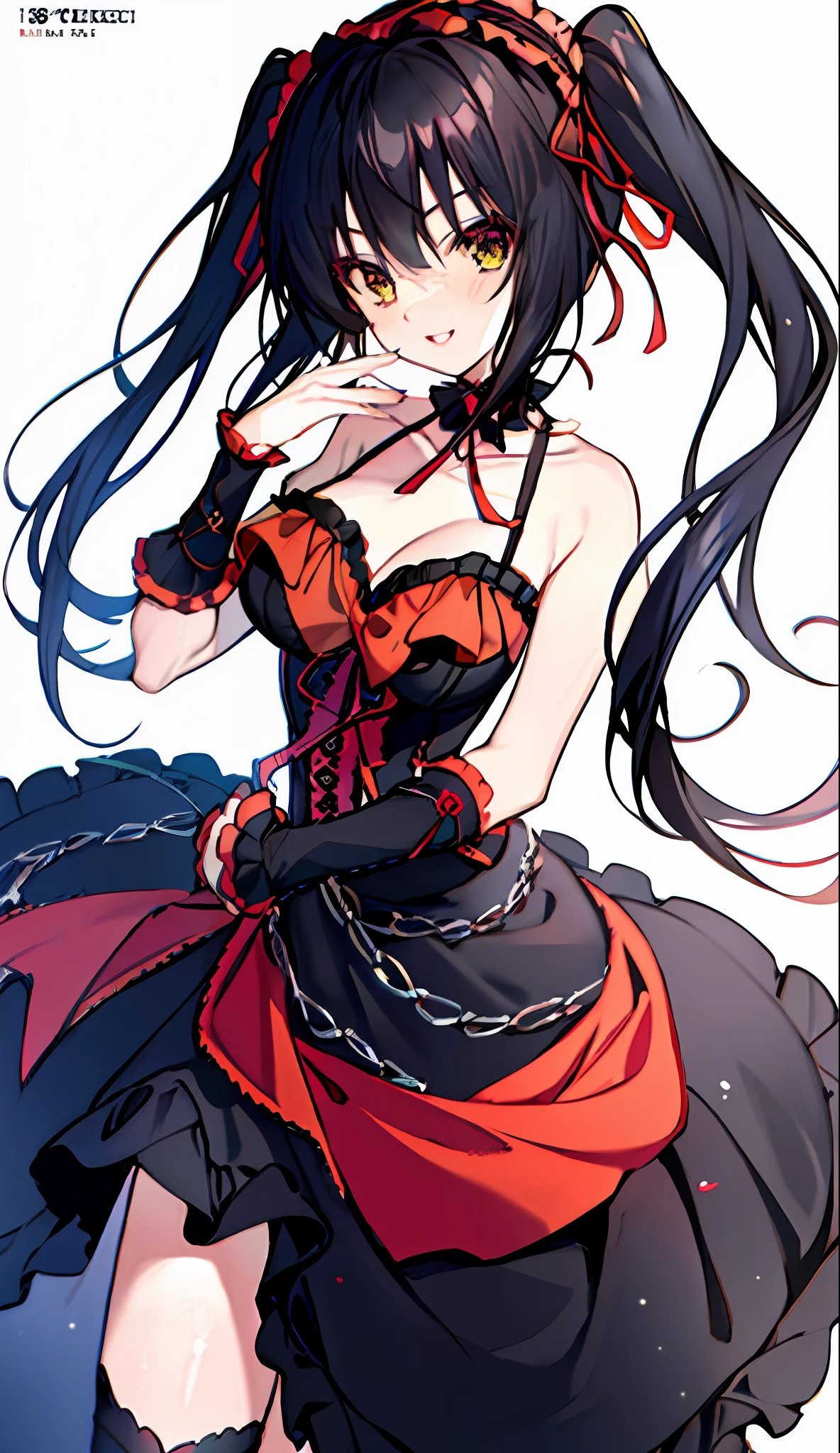 18 years old beautiful girl, masterpiece, top quality, 8K anime, 1 girl, solo, detailed fingers, precise fingers, not unnatural hands, odd eye, black hair twintails, kurumi tokizaki, large breasts,