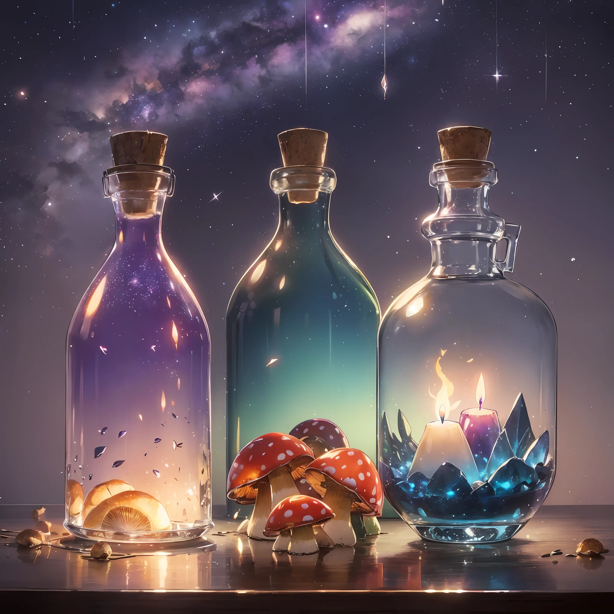 Computer, Extensive landscape ultrasound photography (general view, which shows a glass glass, a glass bottle, fireflies inside the bottle, fly agaric mushrooms), (detailed description of the bottle, mushrooms), glass, (detailed description), inside the glass dew (ultradetailed), erflies (detailed), night, starry sky, moon, (detailed), saucer, water, reflection of the moon on the water surface, reflection full of shooting stars in wine, a drop of wine, moths (1: 3), fireflies (1: 3), (ultra-detailed description of appearance), bottle, candle (crystals: 1.2), BREAK production art, (cold light source: 1.2), (Firefly: 1.2), lilac, purple, fire particles, colors, complex details, volumetric lighting, realistic fantasy BREAK (masterpiece: 1.2), (best quality), 4k, ultra-detailed, (dynamic composition: 1.4), high detailed, colorful details, (gloomy colors: 1.2), (luminous lighting, atmospheric lighting), gloomy, dark, magical, (solo: 1.2) --auto --s2