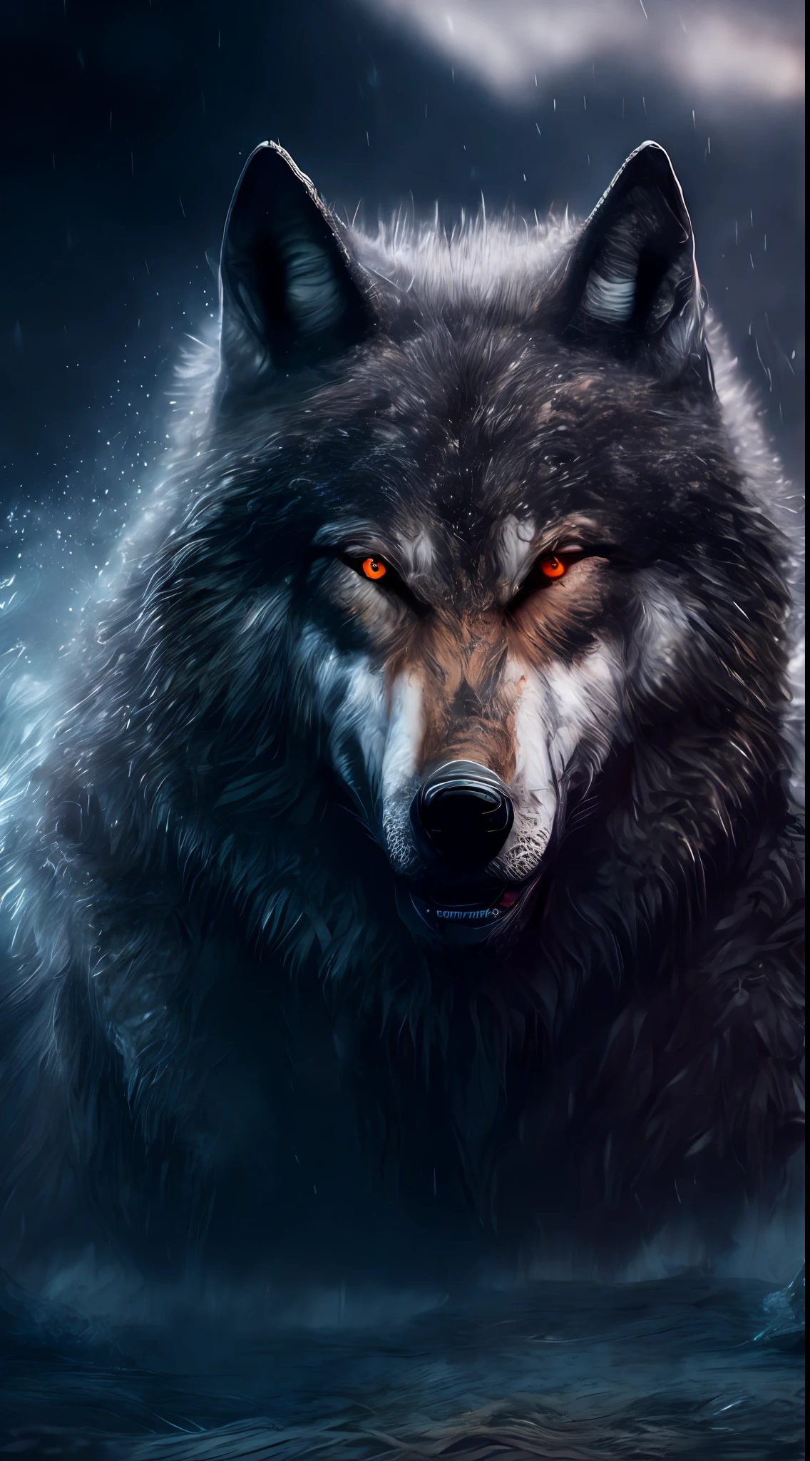 Wolf god, hyper realistic, tension, cold, highly detailed, sharp focus, professional, 8k UHD, cinematic, dark, violent, outdoor, River, battle, chase, dramatic, vivid, nervous vibe, render, epic, twilight, HDR, album cover, blizzard, lightning, cataclysmic