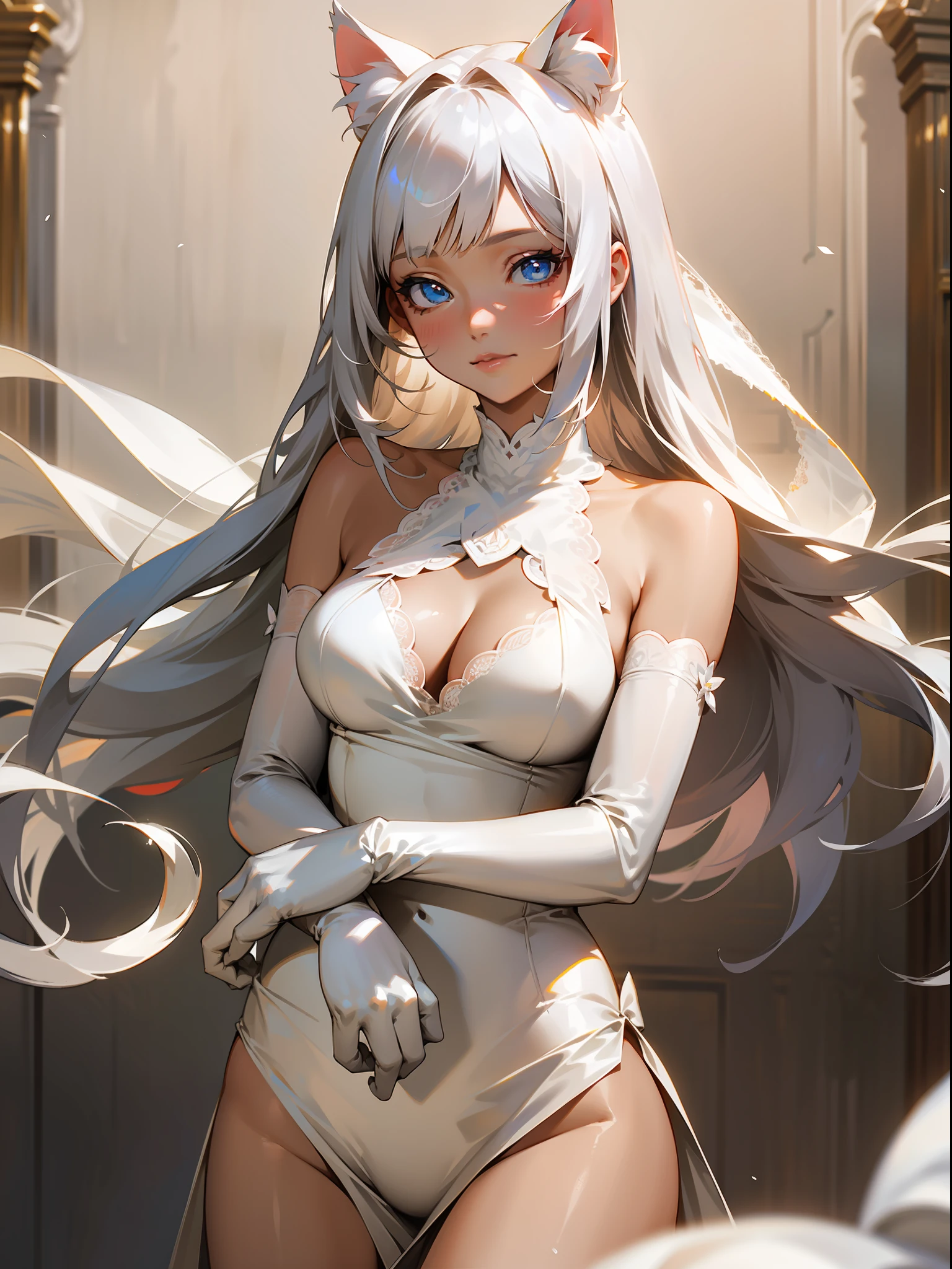 best quality, masterpiece, highly detailed, 1girl, solo, Transparent white skin, mature woman, sister, close to viewer, White hair, silver hair, bare shoulder, Shoulderless Dresses, wedding dress, white dress, white lace dress, white lace long skirt, elbow gloves, cat ears, cat tail, rational, bangs, very long hair, light smile, streaked hair, beautiful silver long hair girl, blue eyes, light pink lips, large breasts, delicate face, delicate hands, calm, flower background, petal dancing, Rich Lighting