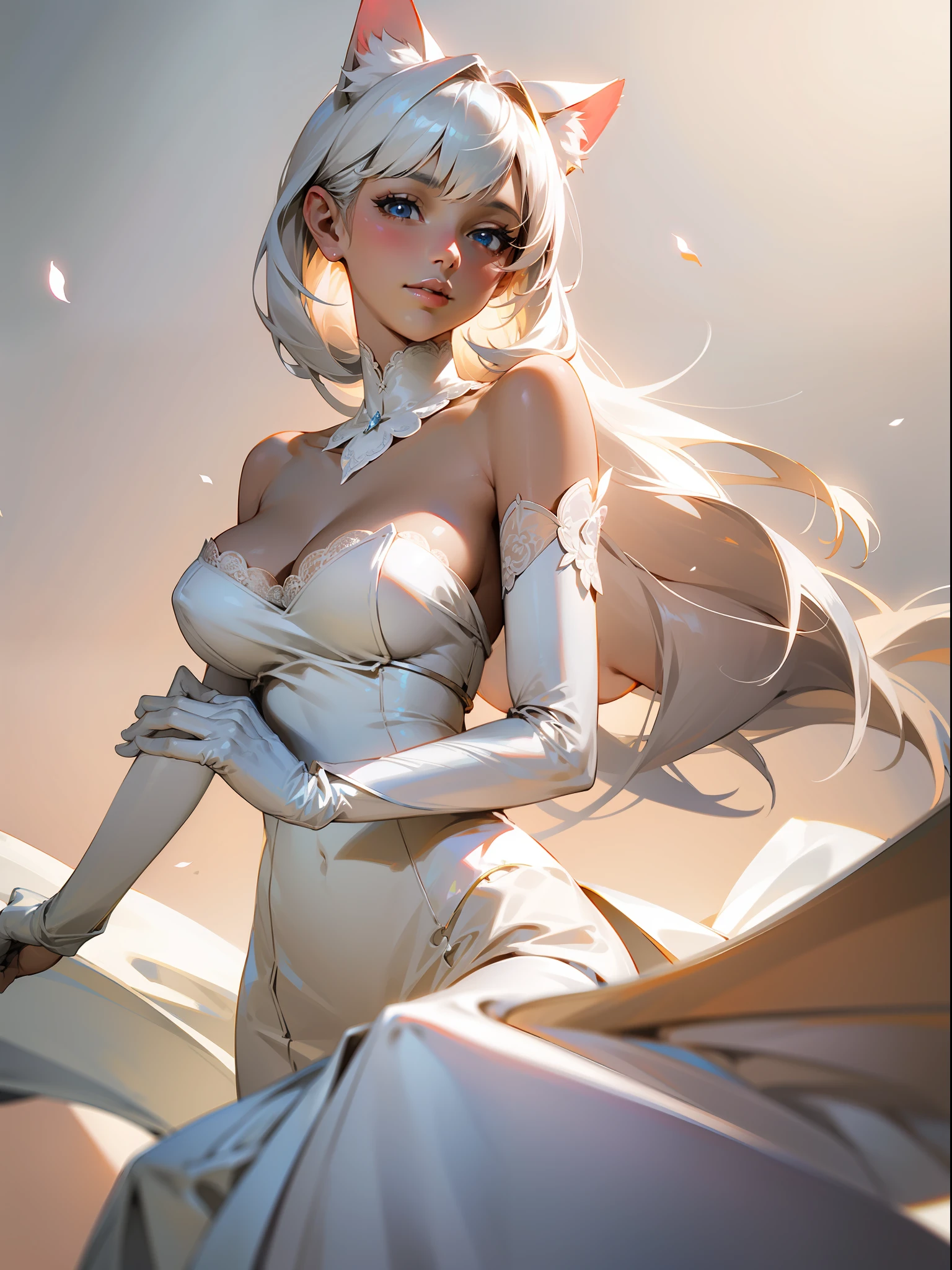 best quality, masterpiece, highly detailed, 1girl, solo, Transparent white skin, mature woman, sister, close to viewer, White hair, silver hair, bare shoulder, Shoulderless Dresses, wedding dress, white dress, white lace dress, white lace long skirt, elbow gloves, cat ears, cat tail, rational, bangs, very long hair, light smile, streaked hair, beautiful silver long hair girl, blue eyes, light pink lips, large breasts, delicate face, delicate hands, calm, flower background, petal dancing, Rich Lighting